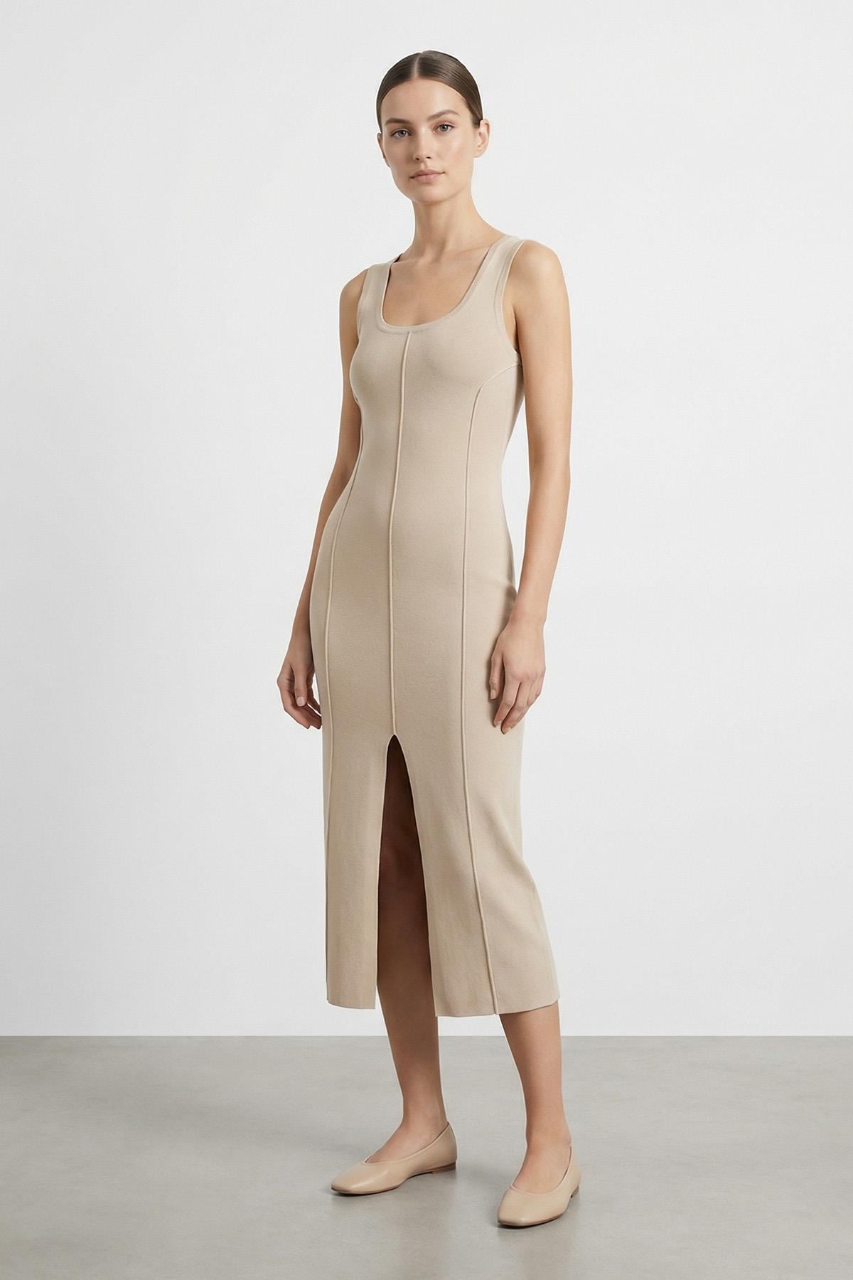 Kadın Kalın Askılı Yırtmaçlı Elbise  - 31861ELB - STONE