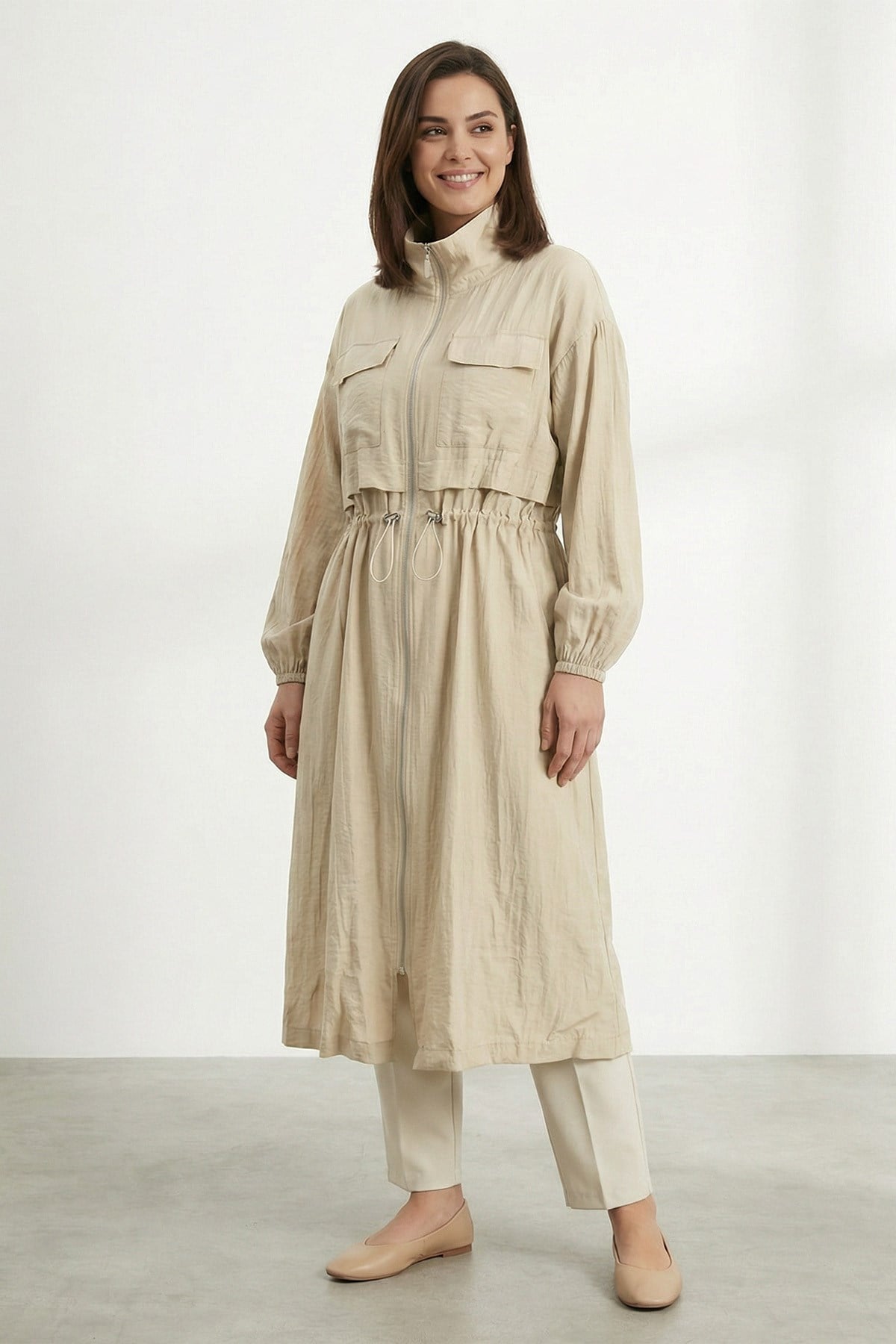 Kadın Cepli ve Ayarlanabilir Bel Detaylı Mevsimlik Kap-15255CAP - BEIGE