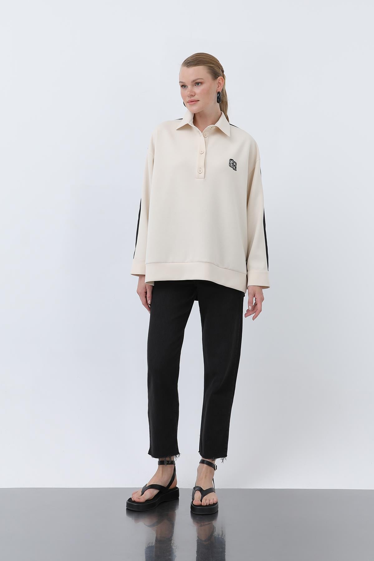 Kadın Önü Nakış Arkası Paraşüt Gömlek -32120GML - BLACK-BEIGE
