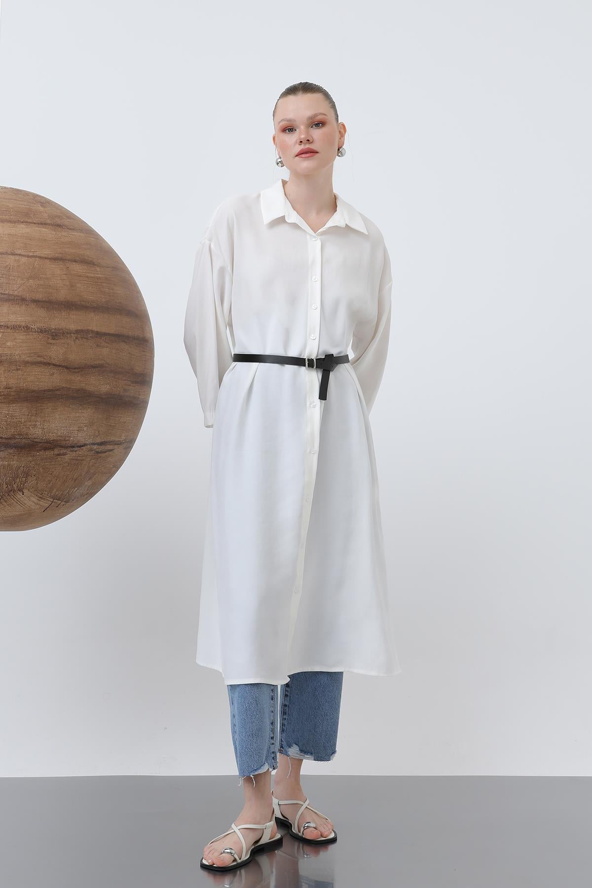 Kadın Uzun Kemer Detaylı Gömlek Elbise - 20629ELB - ECRU