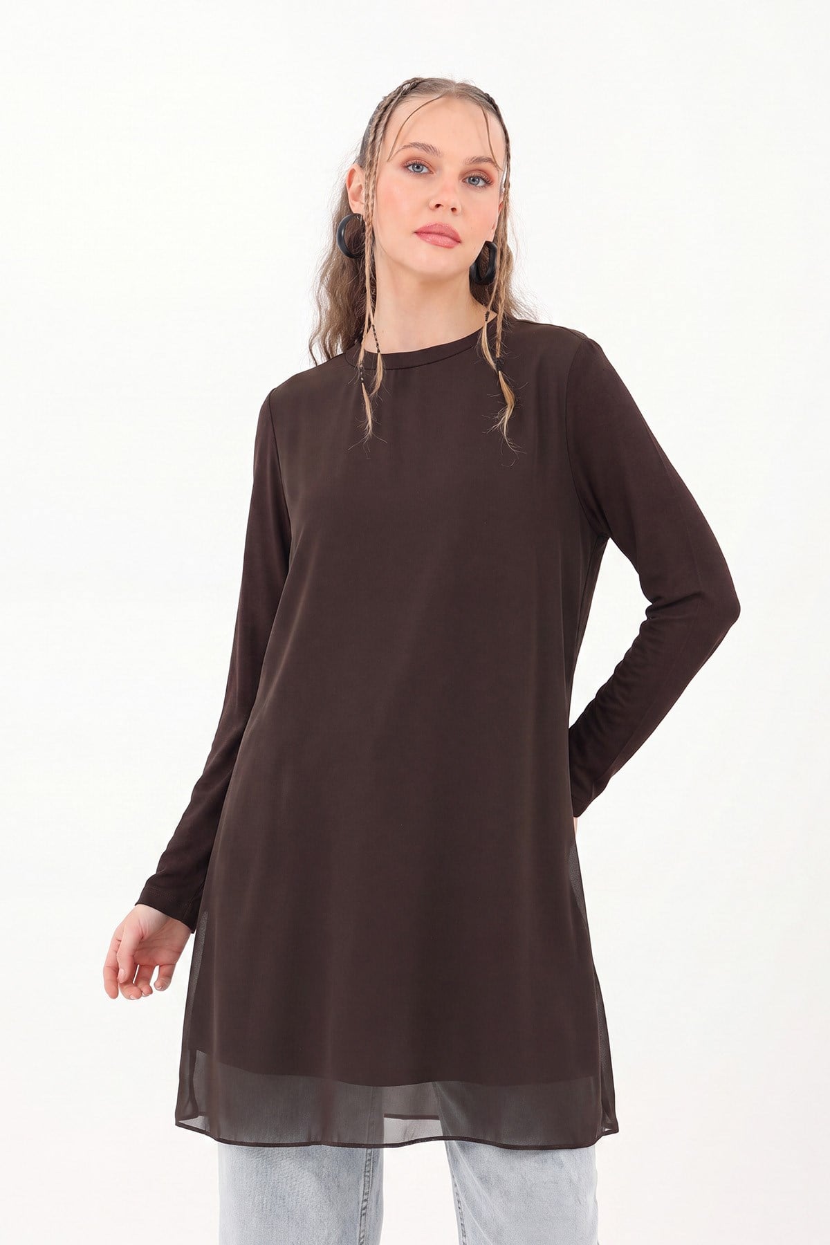 Kadın Balıkçı Yaka Tül Detaylı Bluz - 10269TUN - Kahverengi Tunik Puane 