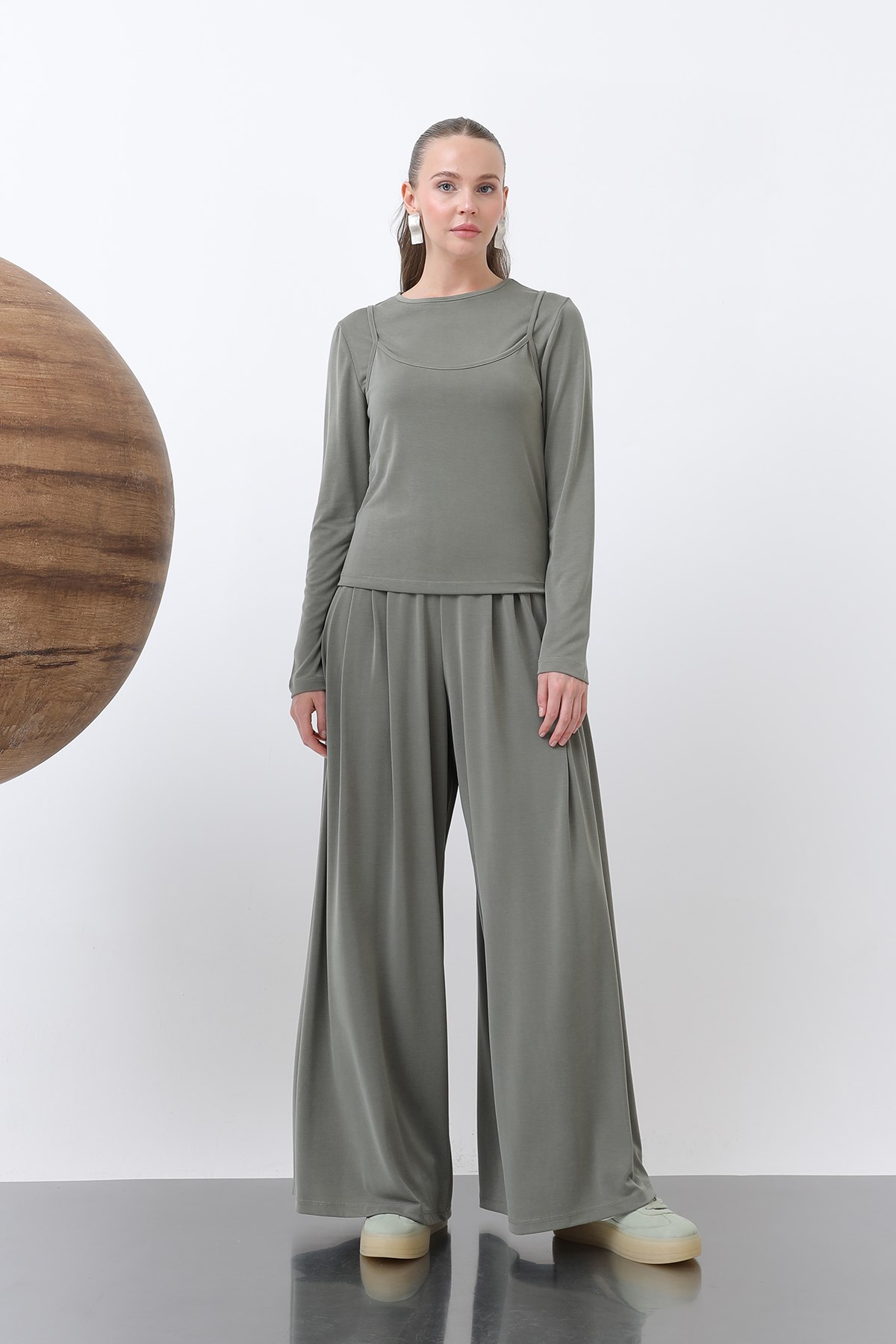 Kadın Basic Bel Lastikli Bol Pantolon -32238PNT - Haki Pantolon Soul 