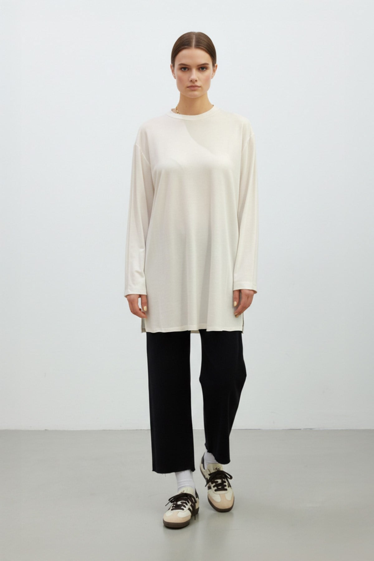 Kadın Basic Uzun Kollu Salaş Tunik-40017 Ekru Tunik Puane 