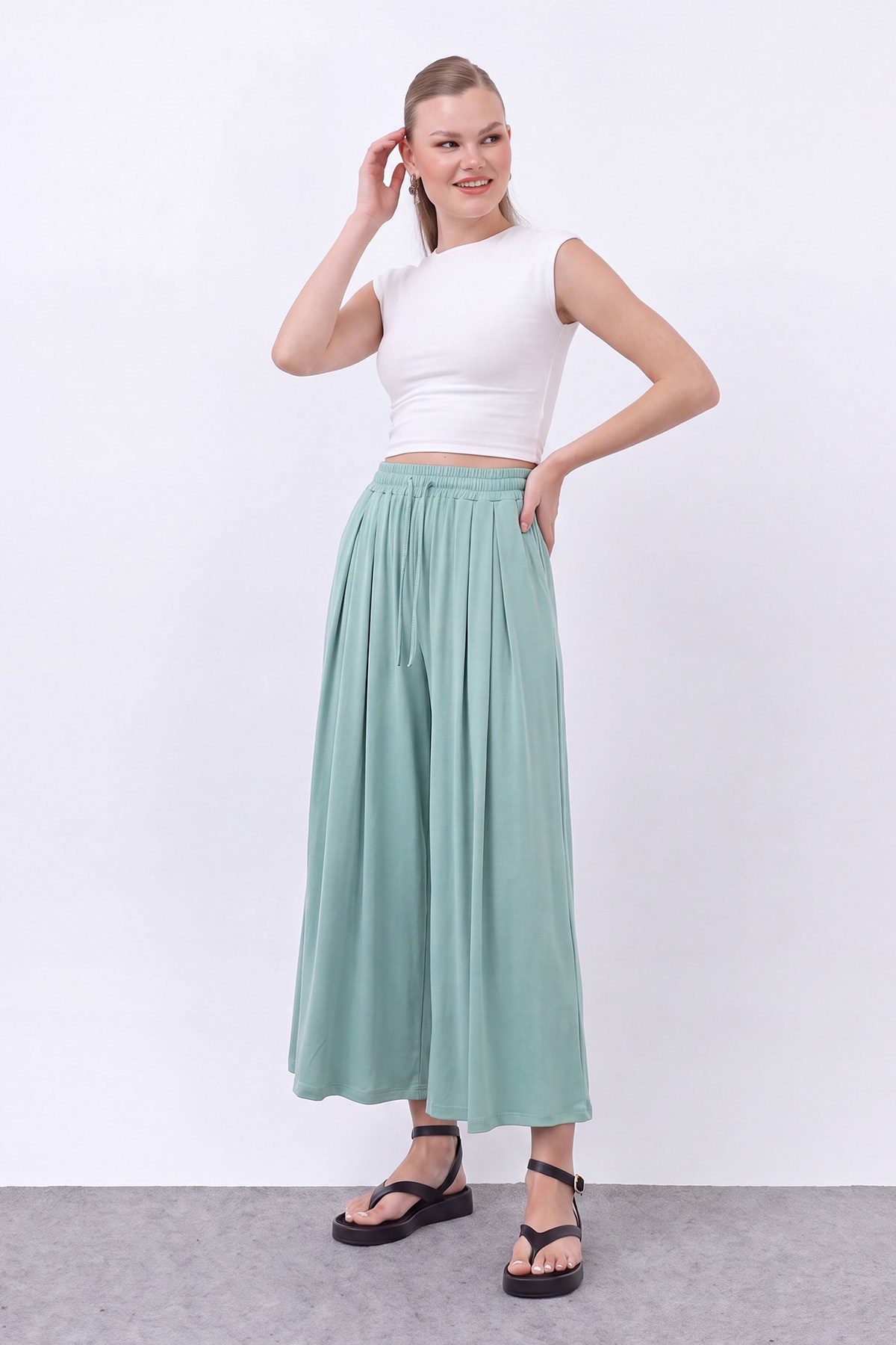 Kadın Beli Kuşaklı Etek Görünümlü Pantolon - 20664PNT - Mint Yeşili Pantolon Loreen 