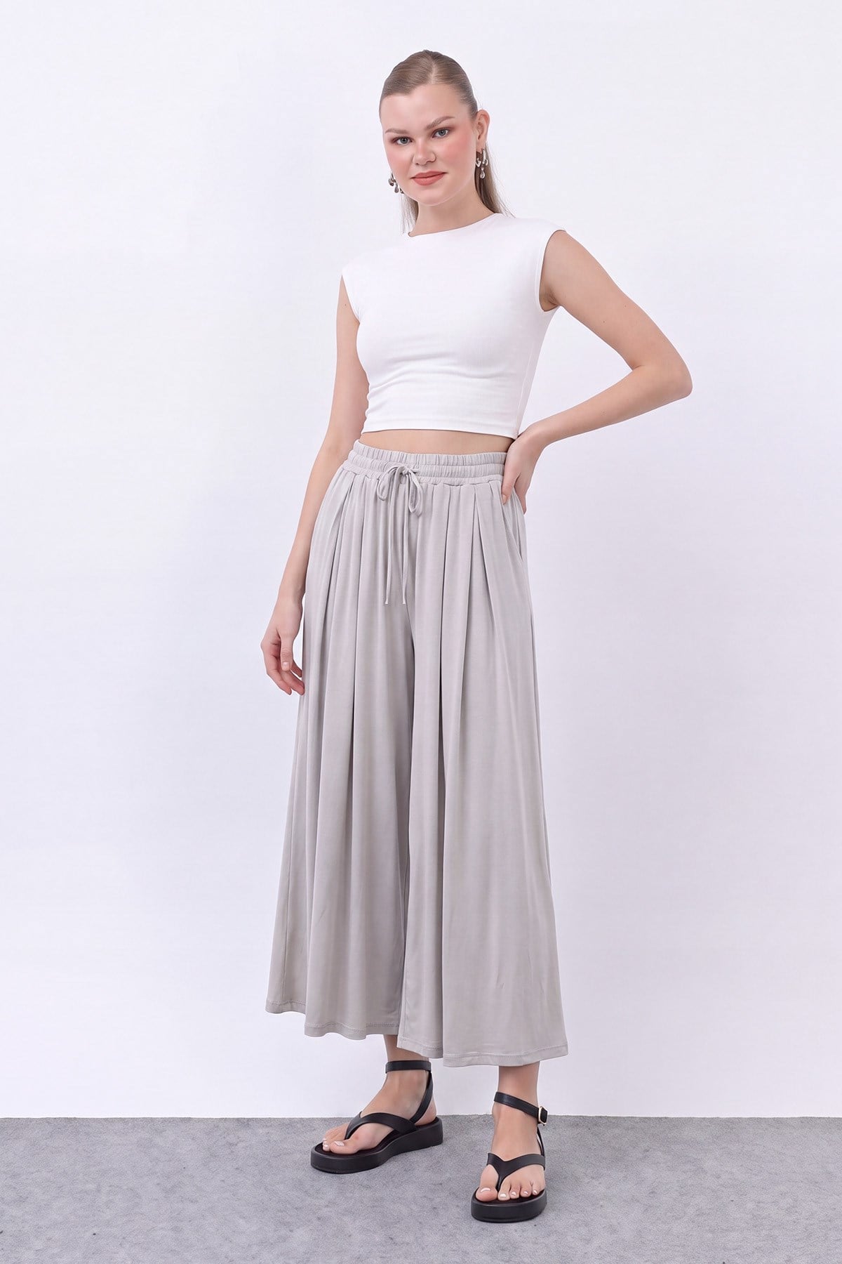 Kadın Beli Kuşaklı Etek Görünümlü Pantolon - 20664PNT - Taş Pantolon Loreen 