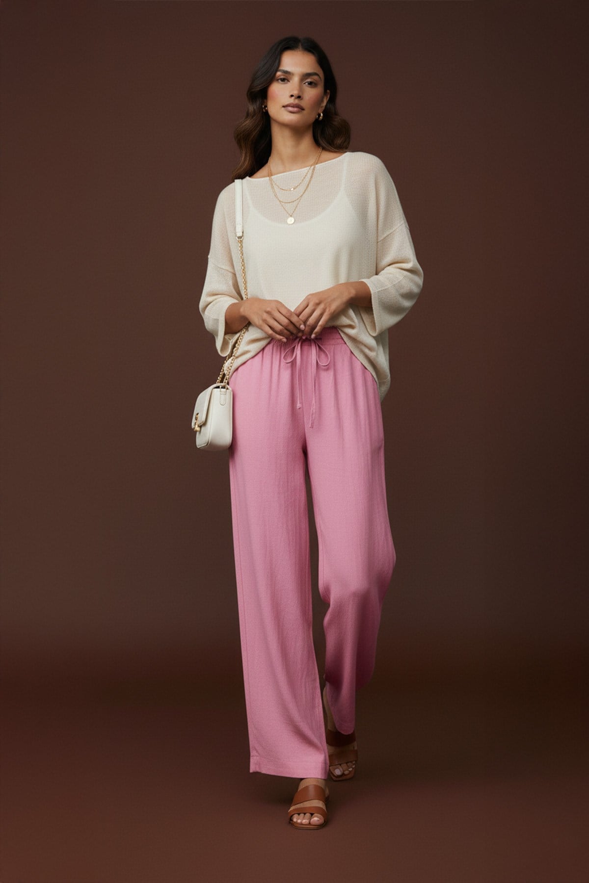 Kadın Beli Lastikli Bağlamalı Bol Pantolon - 20646PNT Pembe Pantolon Loreen 