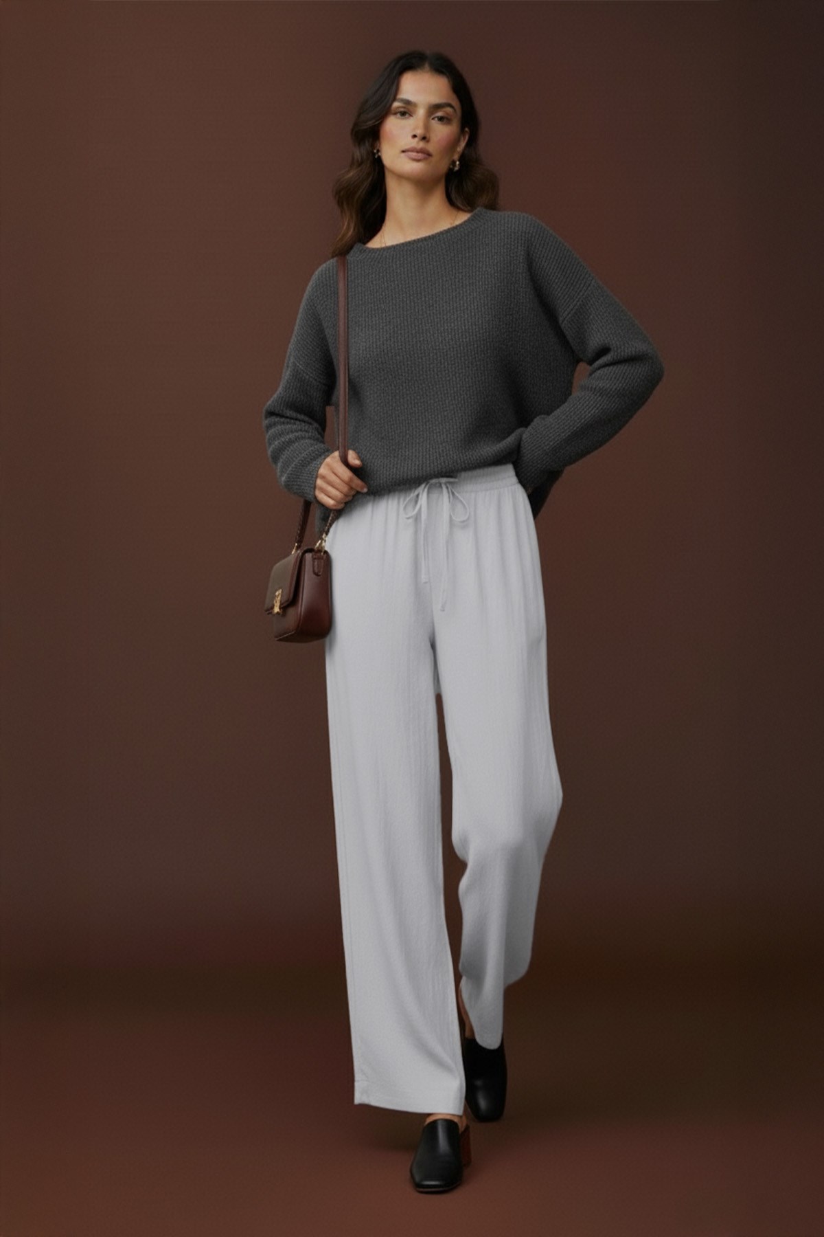 Kadın Beli Lastikli Bağlamalı Bol Pantolon - 20646PNT - Açık Gri Pantolon Loreen 