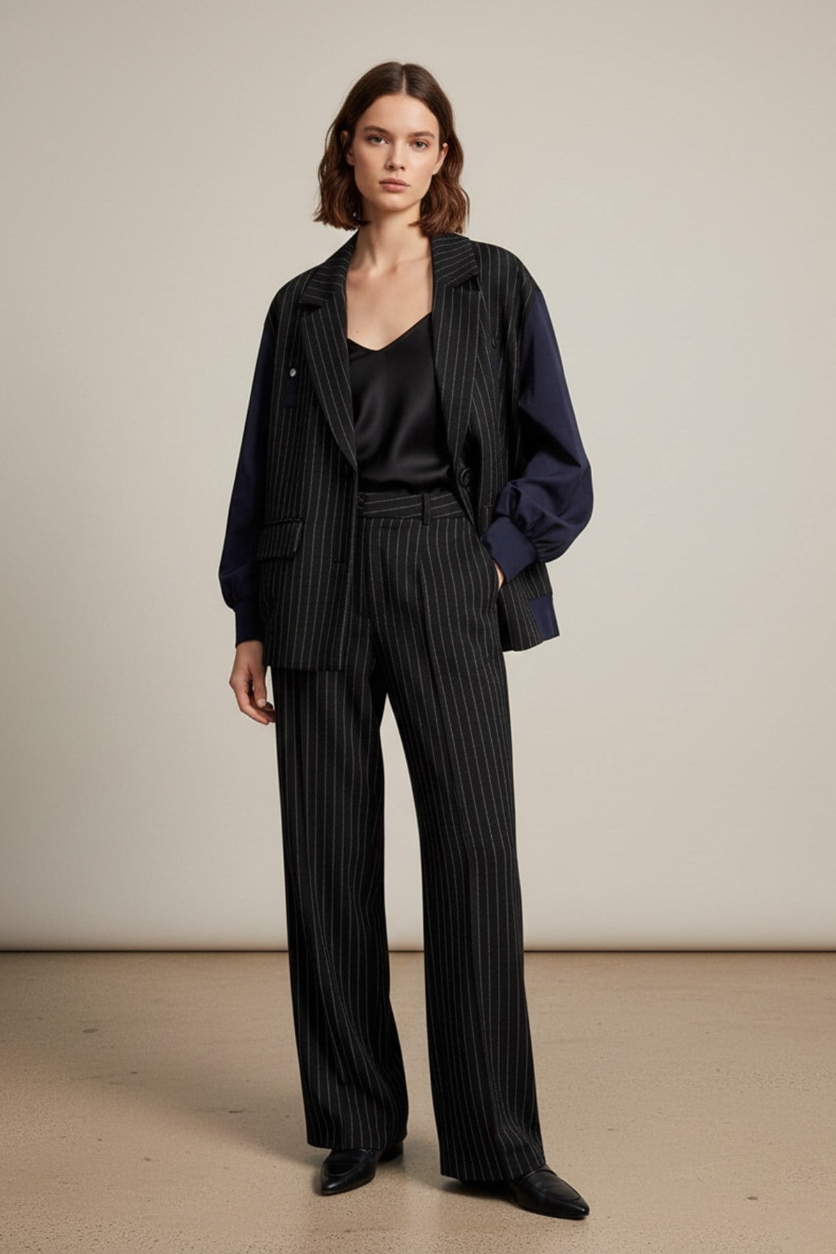 Kadın Çizgili Oversize Ceket  -  32401CKT - Siyah-Lacivert Ceket Soul 