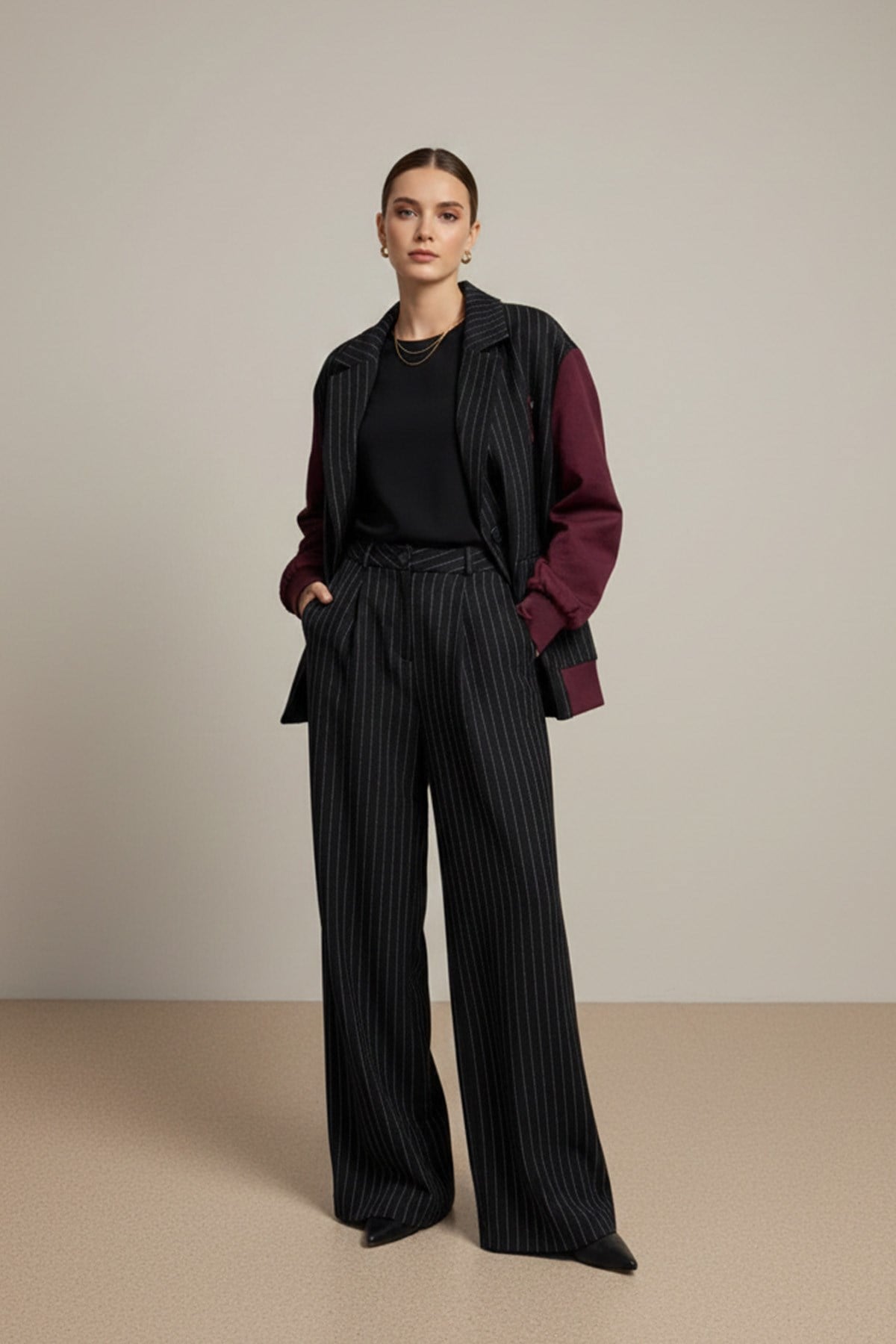 Kadın Çizgili Oversize Ceket  -  32401CKT - Lacivert-Bordo Ceket Soul 