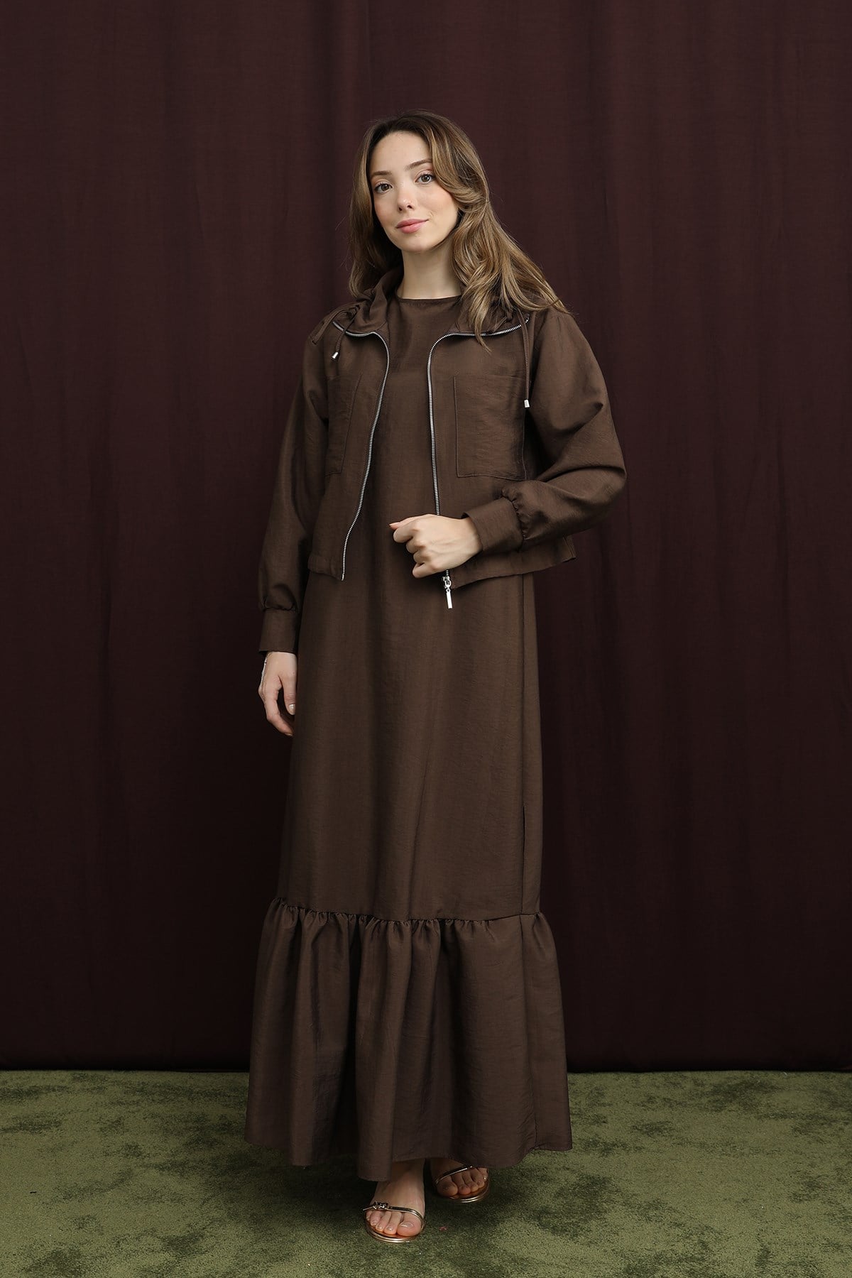Kadın Crop Ceket Detaylı İkili Elbise - 12651TKS - Kahverengi Günlük Elbise Puane 