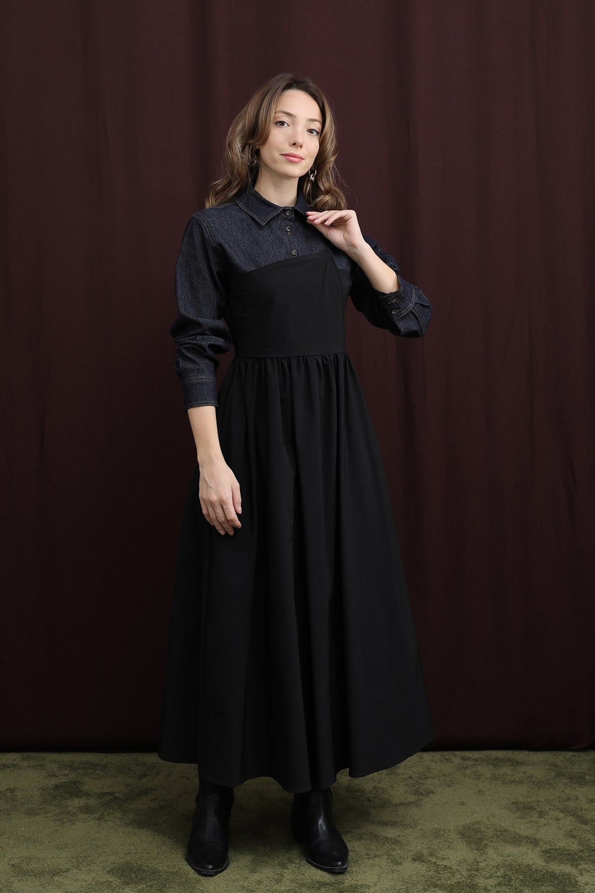 Kadın Denim Detaylı Asimetrik Kesim Elbise  -  32414ELB - Siyah Günlük Elbise Soul 