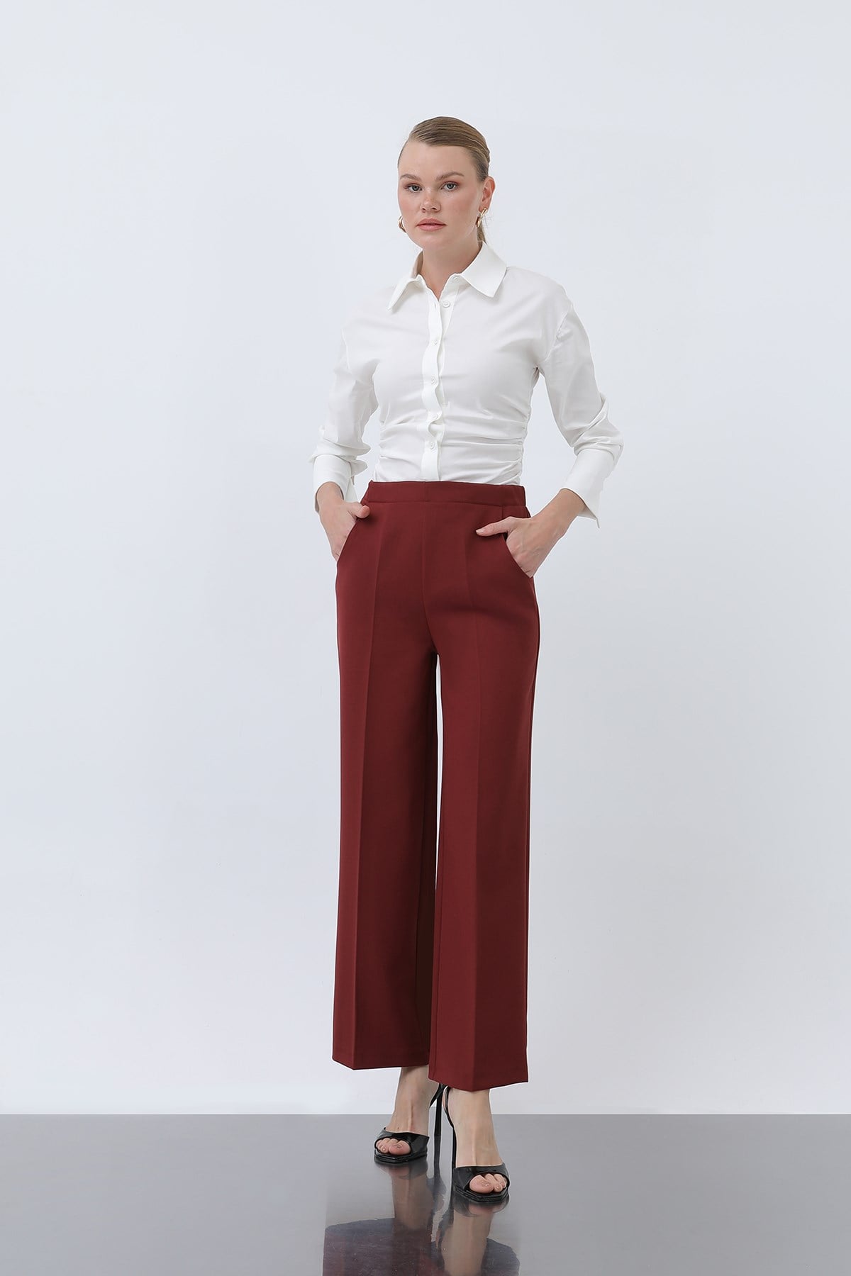 Kadın Düz Kesim Pantolon - 18243PNT - Bordo Pantolon Puane 