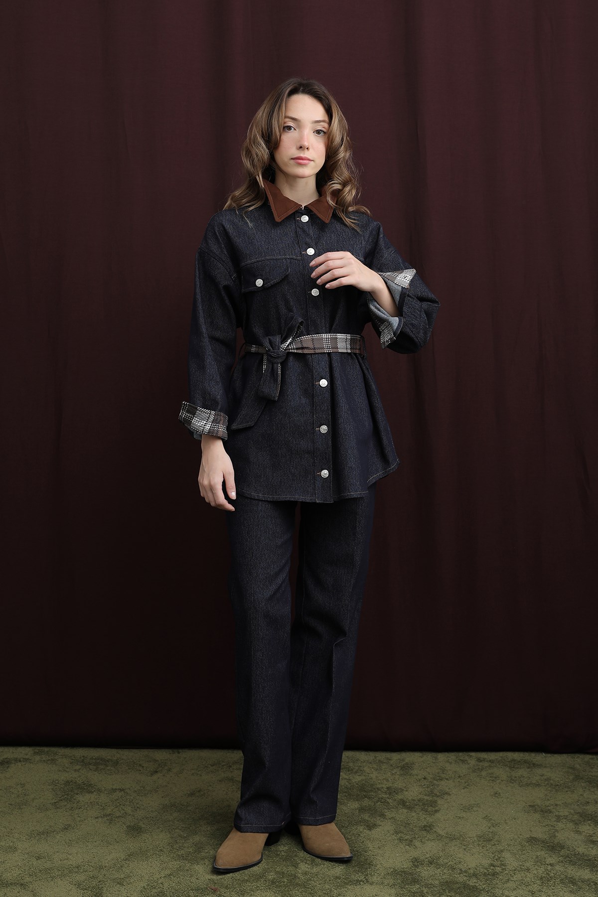 Kadın Ekose Detaylı Denim Ceket  -  32413CKT - Lacivert Ceket Soul 