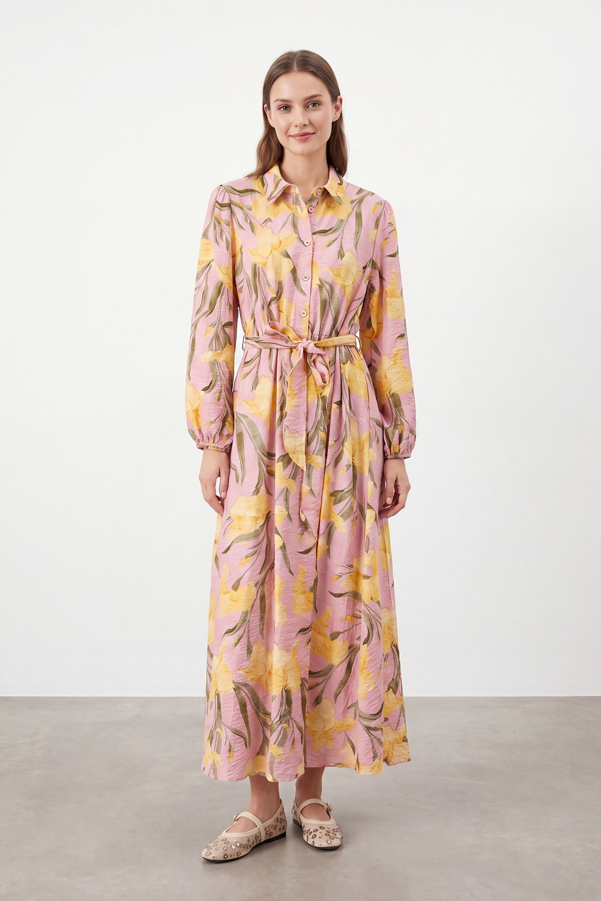 Kadın Floral Desenli Kuşaklı Uzun  Elbise - 32511ELB - Pembe-Sarı Günlük Elbise Soul 