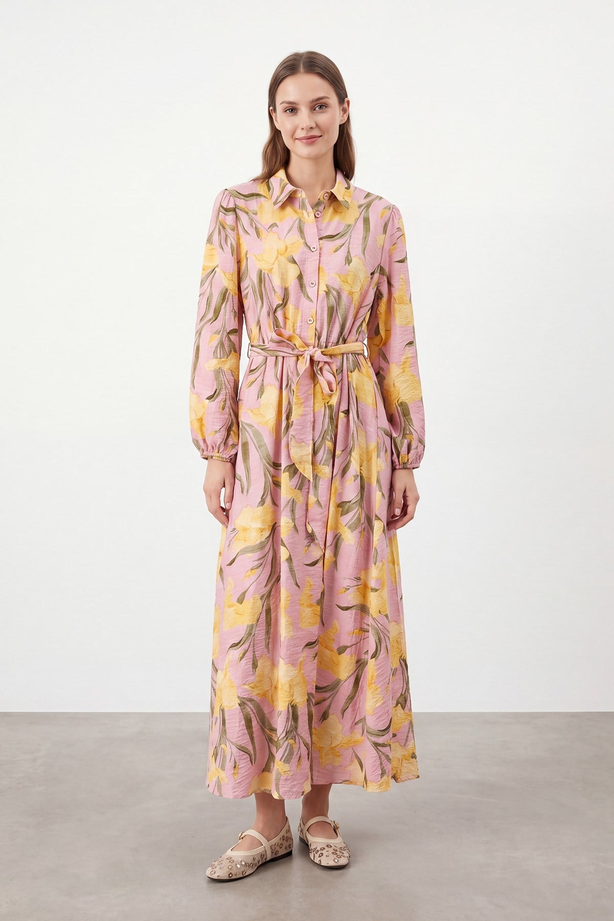 Kadın Floral Desenli Kuşaklı Uzun  Elbise - 32511ELB Pembe-Sarı Günlük Elbise Soul 