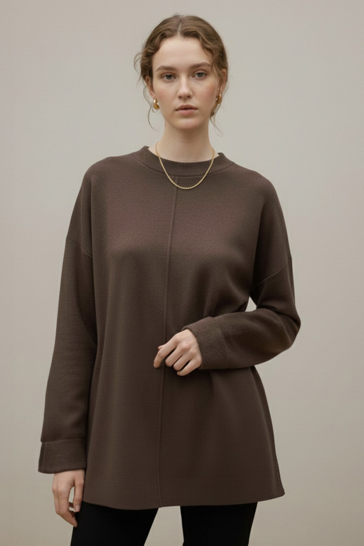 Kadın Kuşaklı Minimal Örme Tunik – 20725TBLZ - Kahverengi Bluz Loreen 