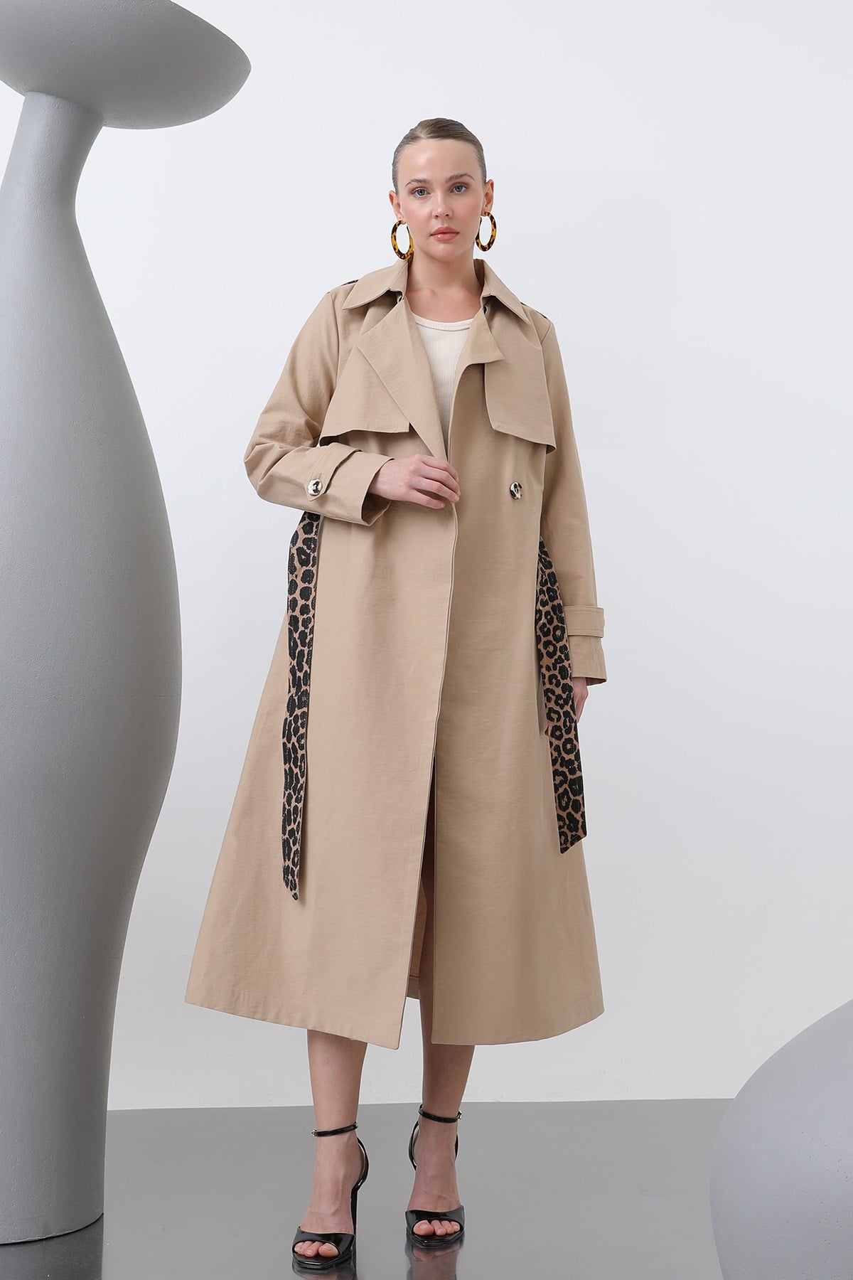 Kadın Leopar Garnili Trench - 32113TRC - Deve Tüyü Trençkot Soul 