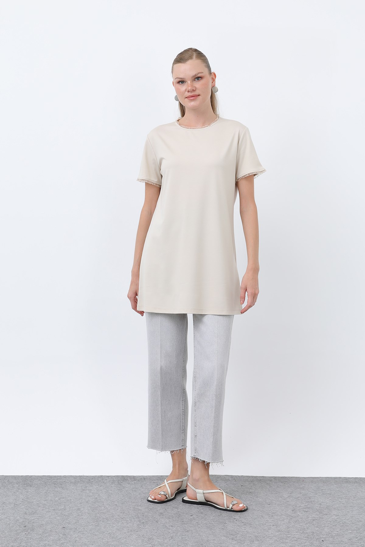 Kadın Minimalist Ribana Detaylı Basic T-Shirt-40013TSH Bej Tshirt Puane 