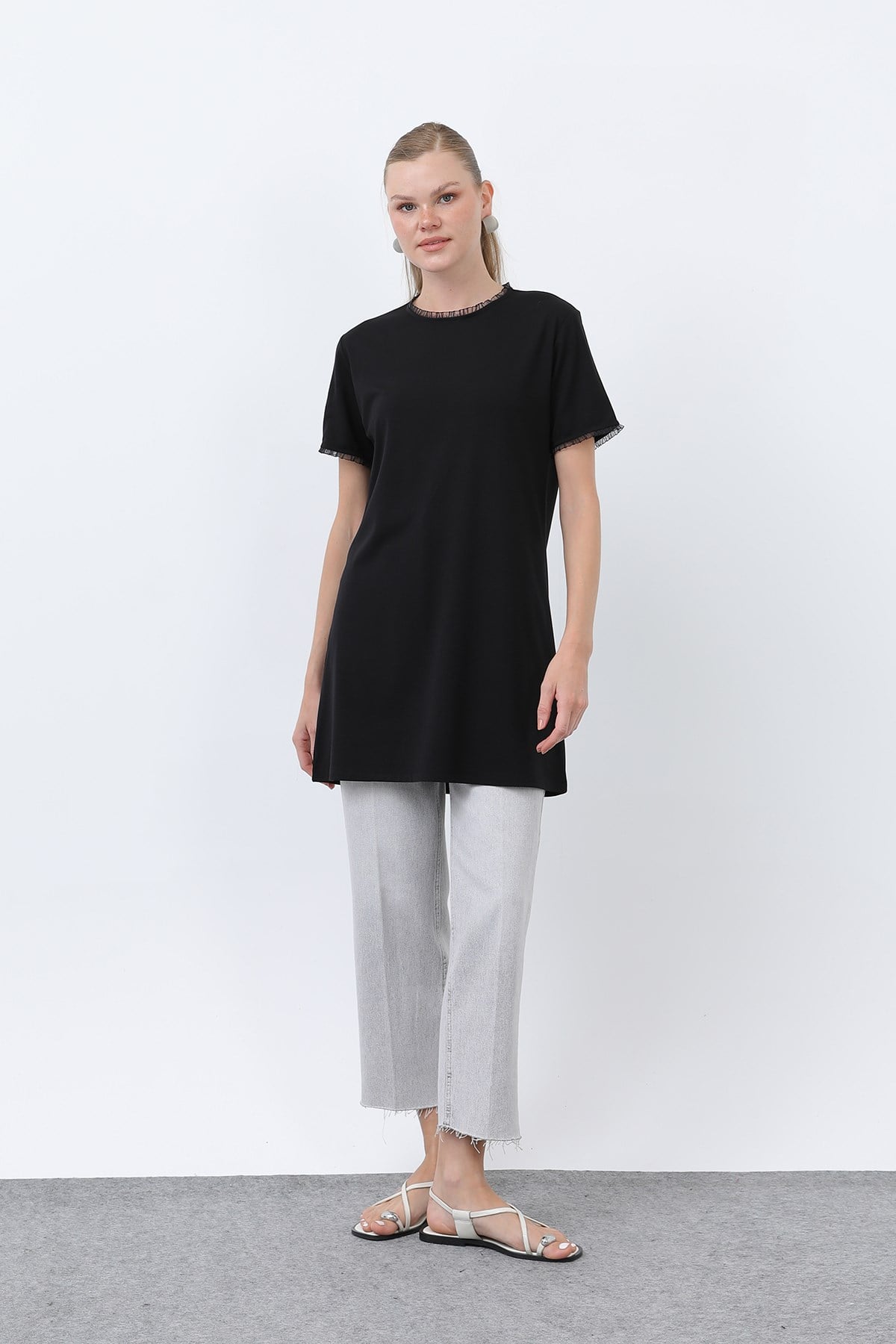 Kadın Minimalist Ribana Detaylı Basic T-Shirt-40013TSH - Siyah Tshirt Puane 