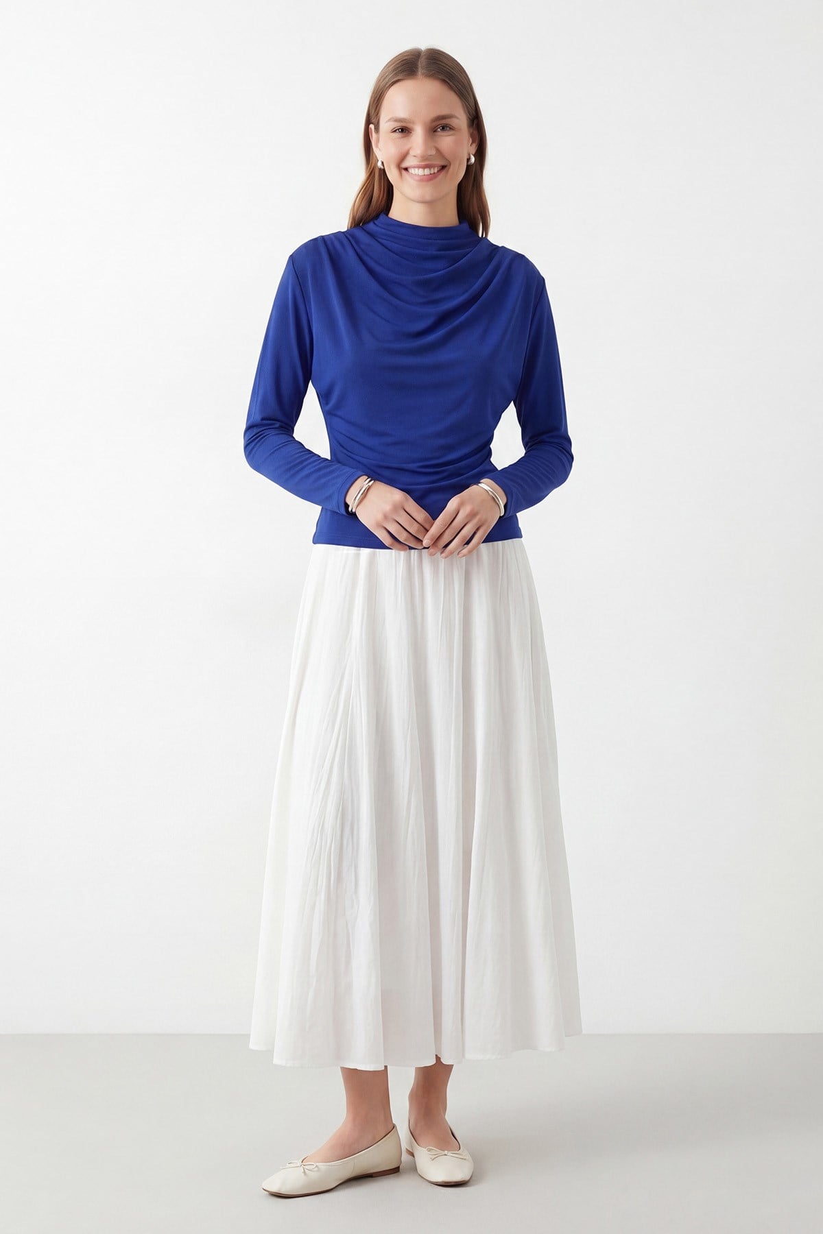Kadın Modern Kesim Drapeli  Bluz -10785BLZ Saks Mavisi Bluz Puane 