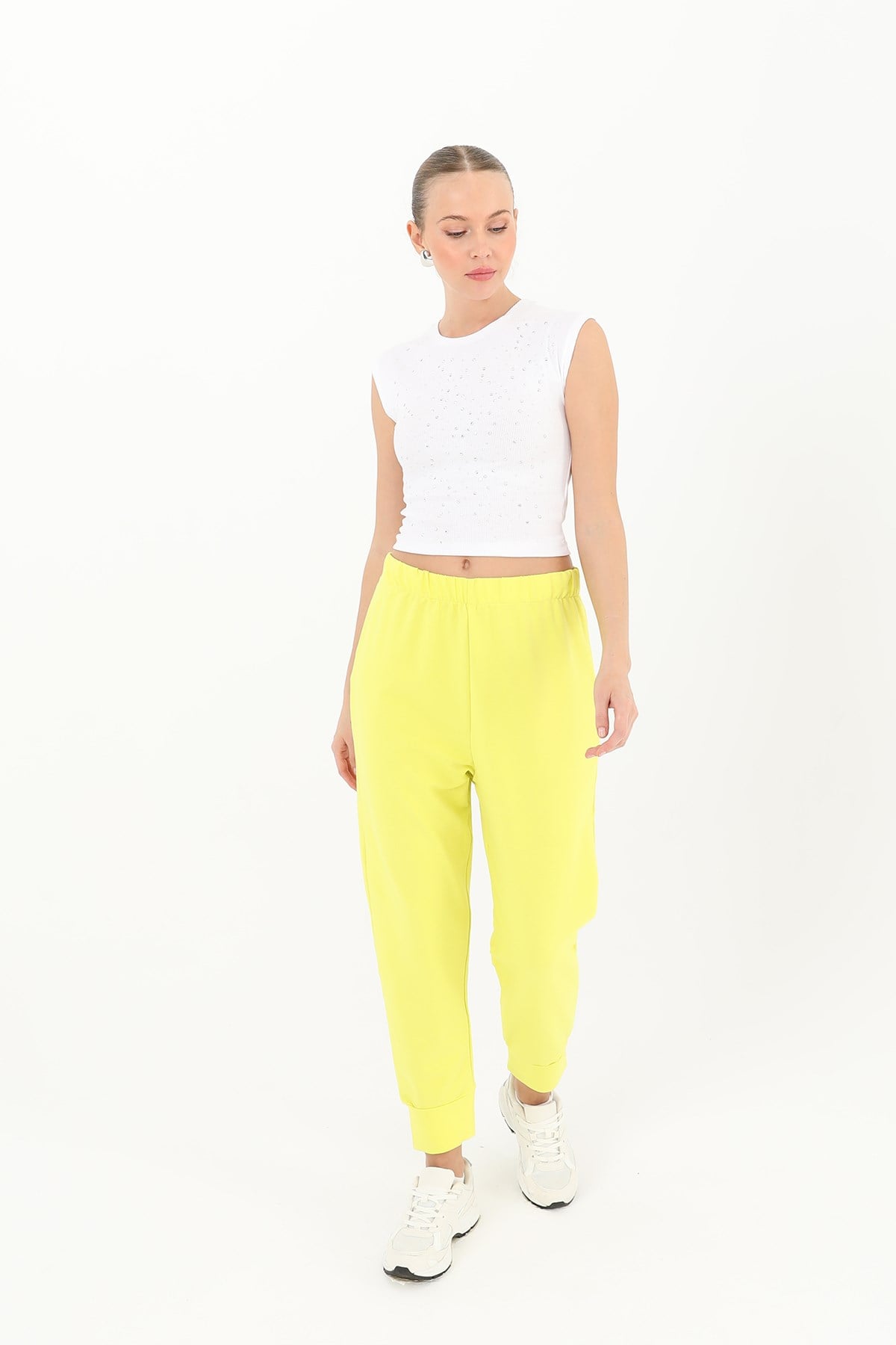 Kadın Ribana Detaylı Eşofman Altı - 30189PNT - Limon Yeşili Pantolon Soul 