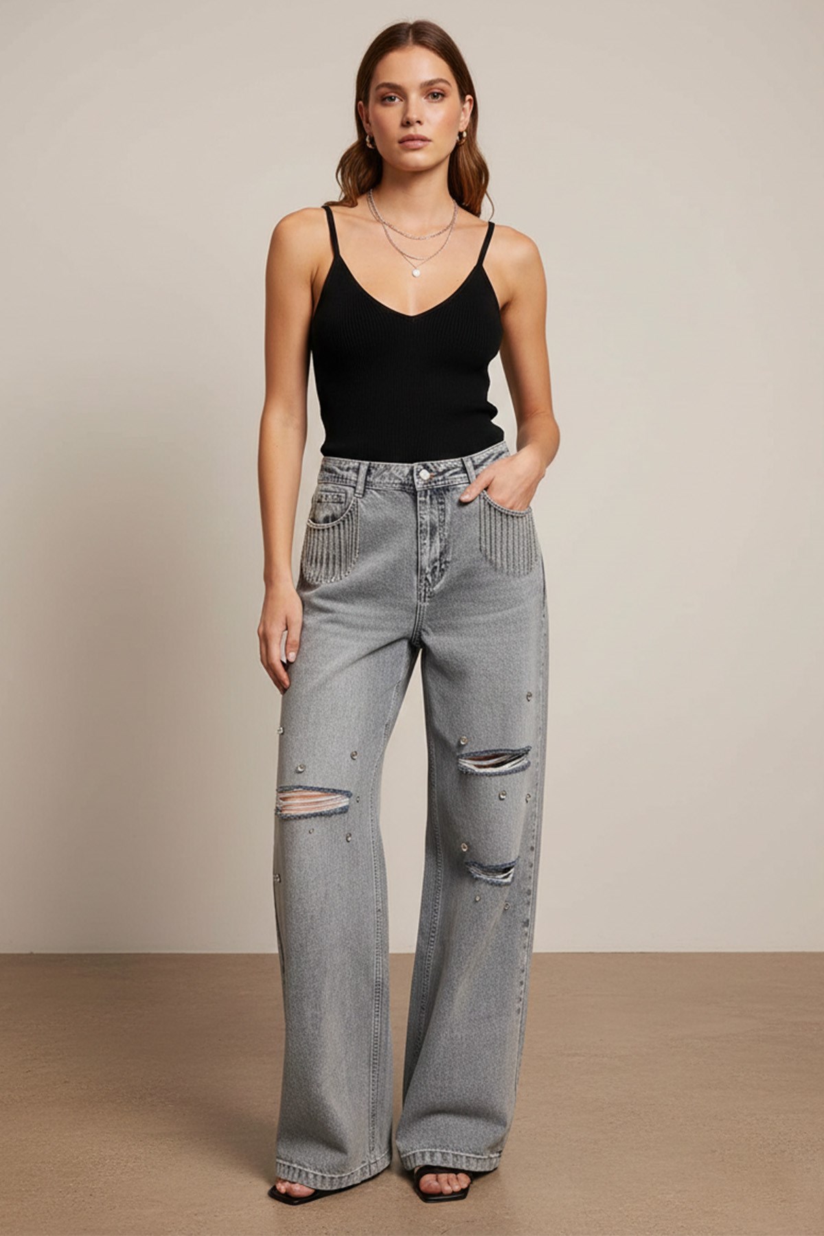 Kadın Taş Detaylı Geniş Paça Pantolon - 31055PNT - Açık Mavi Pantolon Soul 