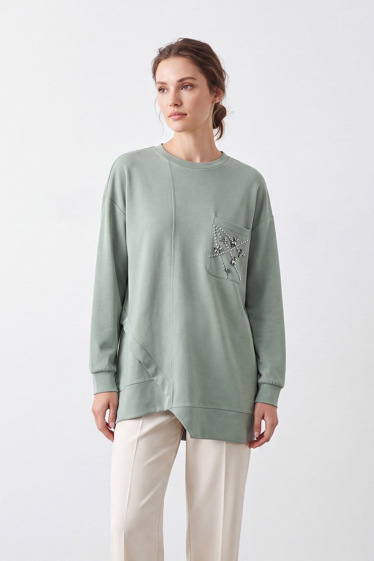 Kadın Taş İşlemeli  Asimetrik Kesim  Tunik – 10781TUN - Mint Yeşili Tunik Puane 