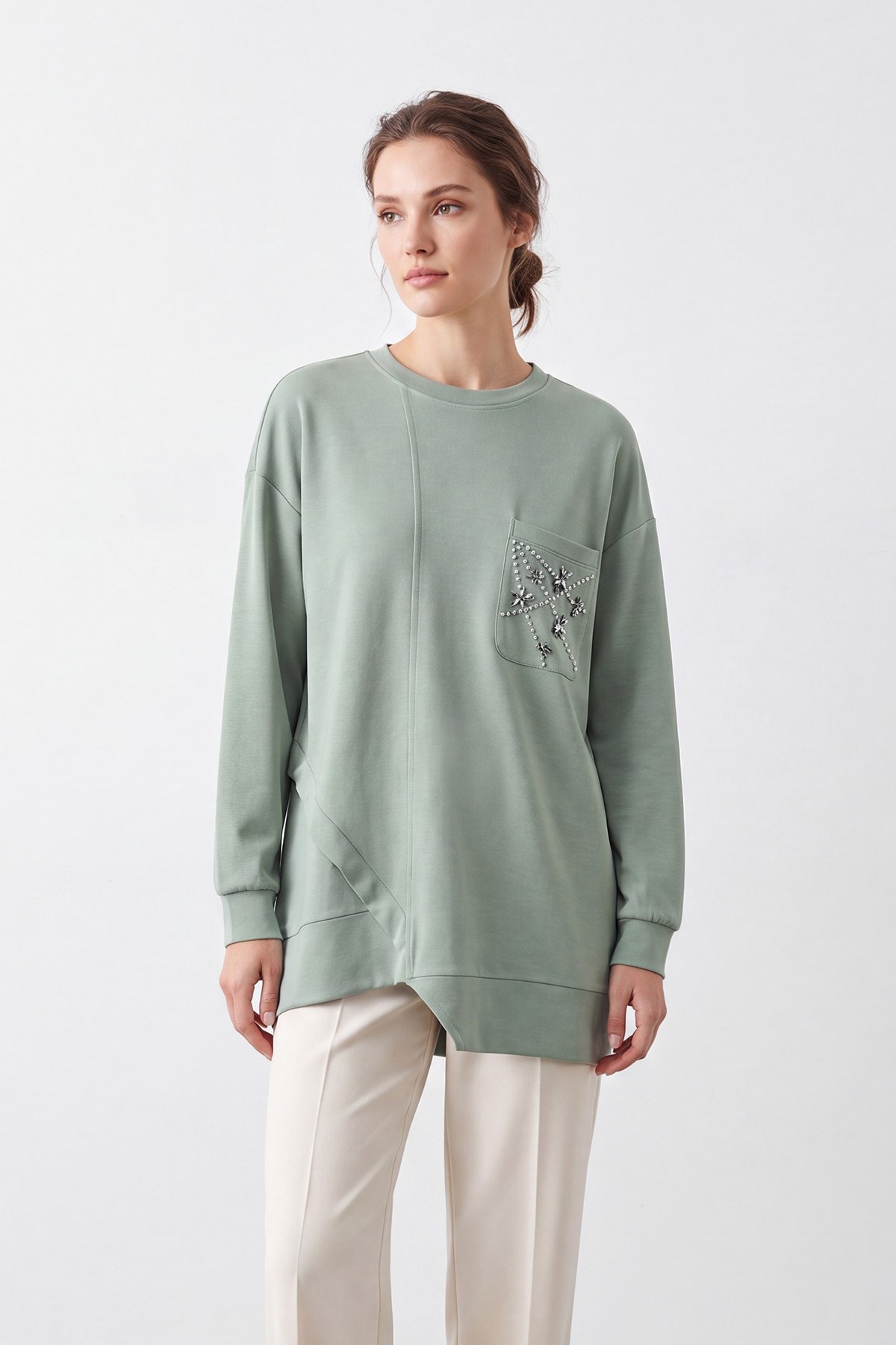 Kadın Taş İşlemeli  Asimetrik Kesim  Tunik – 10781TUN Mint Yeşili Tunik Puane 