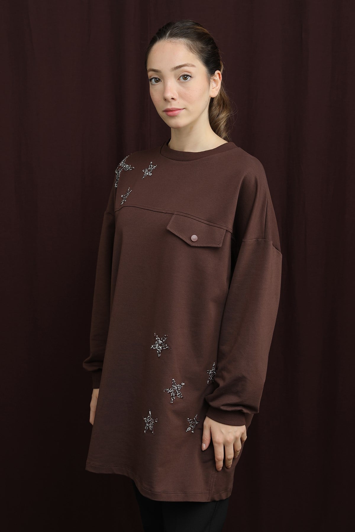 Kadın Yıldız Detaylı Basic Tunik - 10736TUN - Kahverengi Tunik Puane 