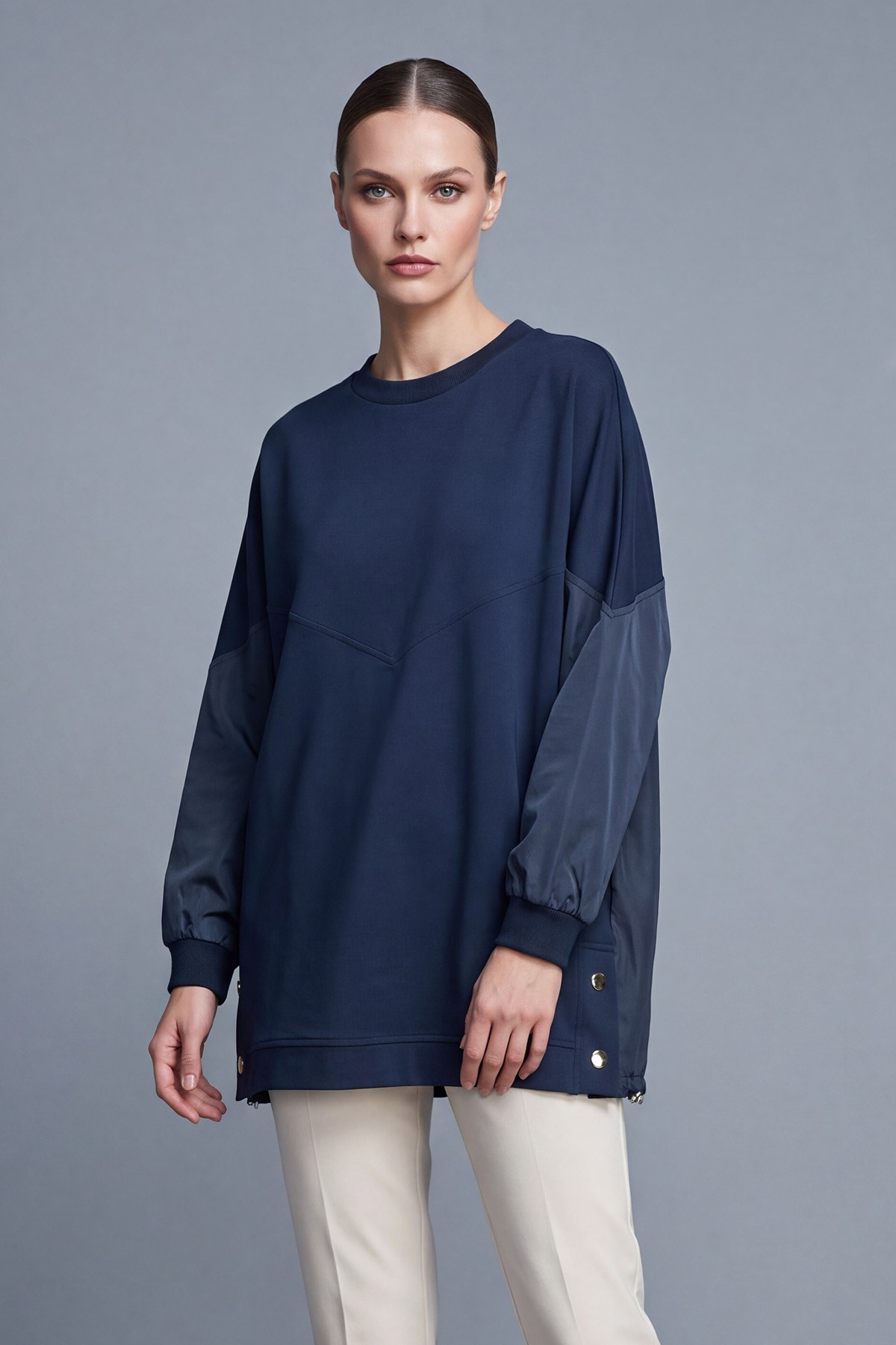 Kontrast Kollu Düğme Detaylı Nervür Dikişli Oversize Tunik Lacivert Tunik Puane 