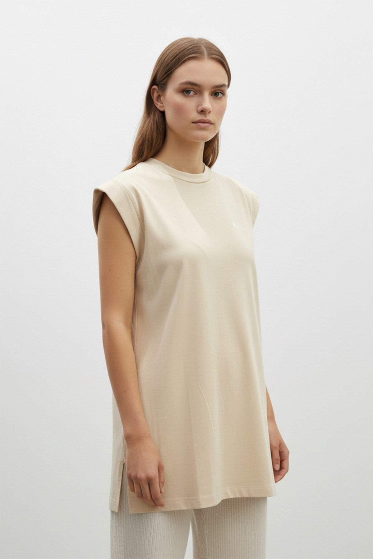 Minimal Kesim Oversize T-Shirt-40016 - Bej Tshirt Puane 