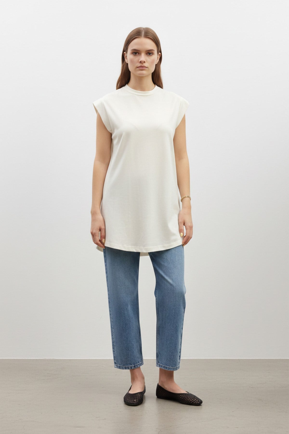 Minimal Kesim Oversize T-Shirt-40016 - Ekru Tshirt Puane 