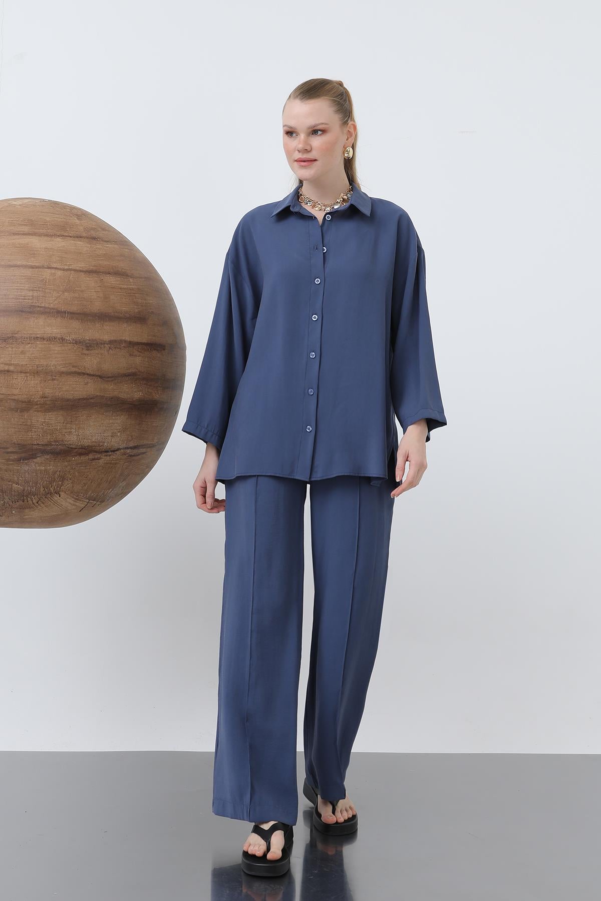 Kadın Beli Lastikli Bol Pantolon - 20630PNT - INDIGO