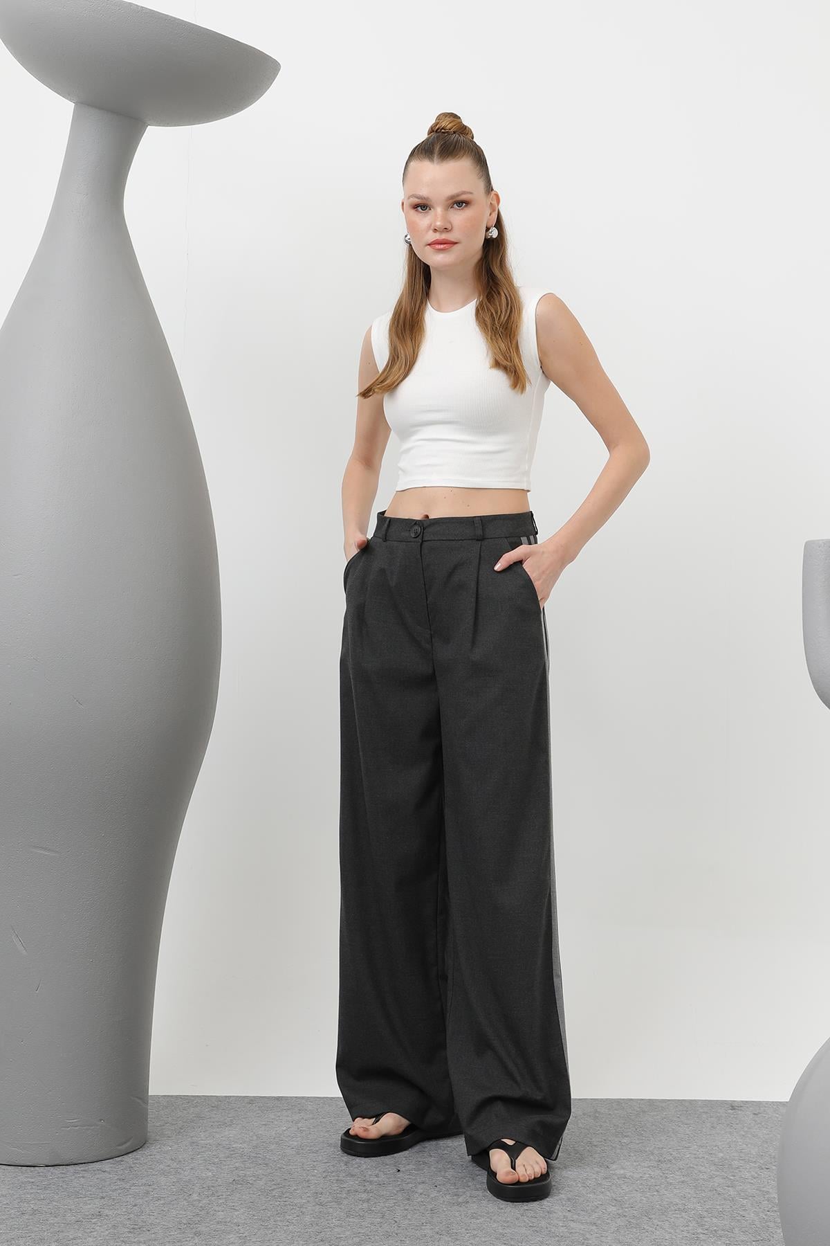 Kadın Garnili Pileli Pantolon - 32176PNT - ANTHRACITE-GREY