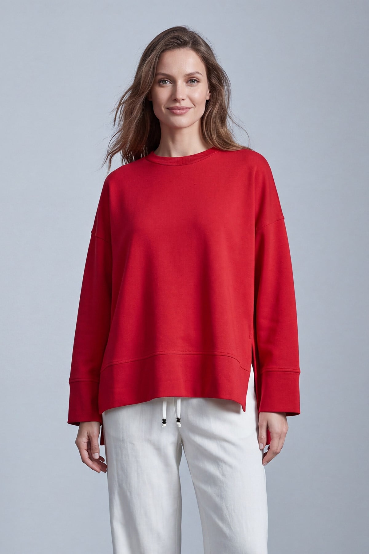 Yırtmaçlı Yuvarlak Yaka Sweatshirt - Kırmızı Bluz Soul 