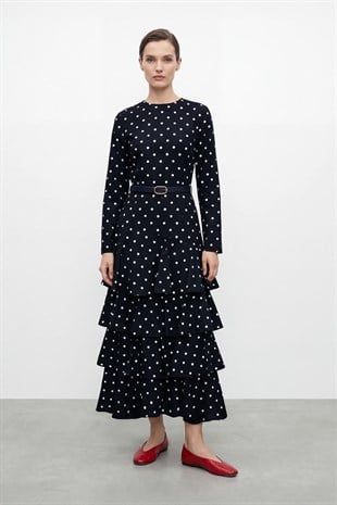 Kadın Puantiye Detaylı Kat Kat Elbise -20769ELB - BLACK