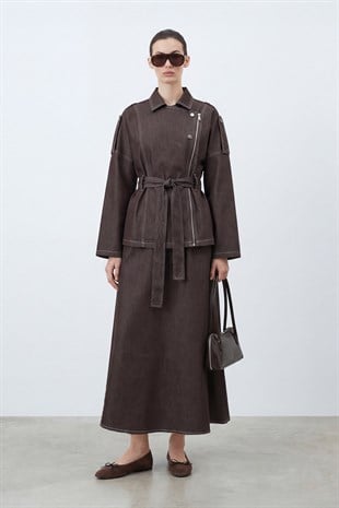 Kadın Fermaur Detaylı Kuşaklı Denim Takım– 20775TKS - BROWN