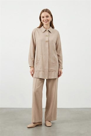 Kadın %100 Pamuklu Rahat Kesim Pantolon Takım - 20741TKS - MINK