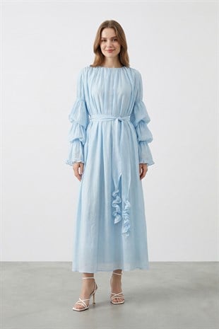 Kadın Kol Volan Detaylı   Kuşaklı Elbise – 32474ELB - BLUE