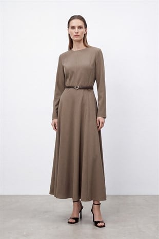 Kadın  Kemerli Maxi Elbise - 26S-12695ELB - MINK
