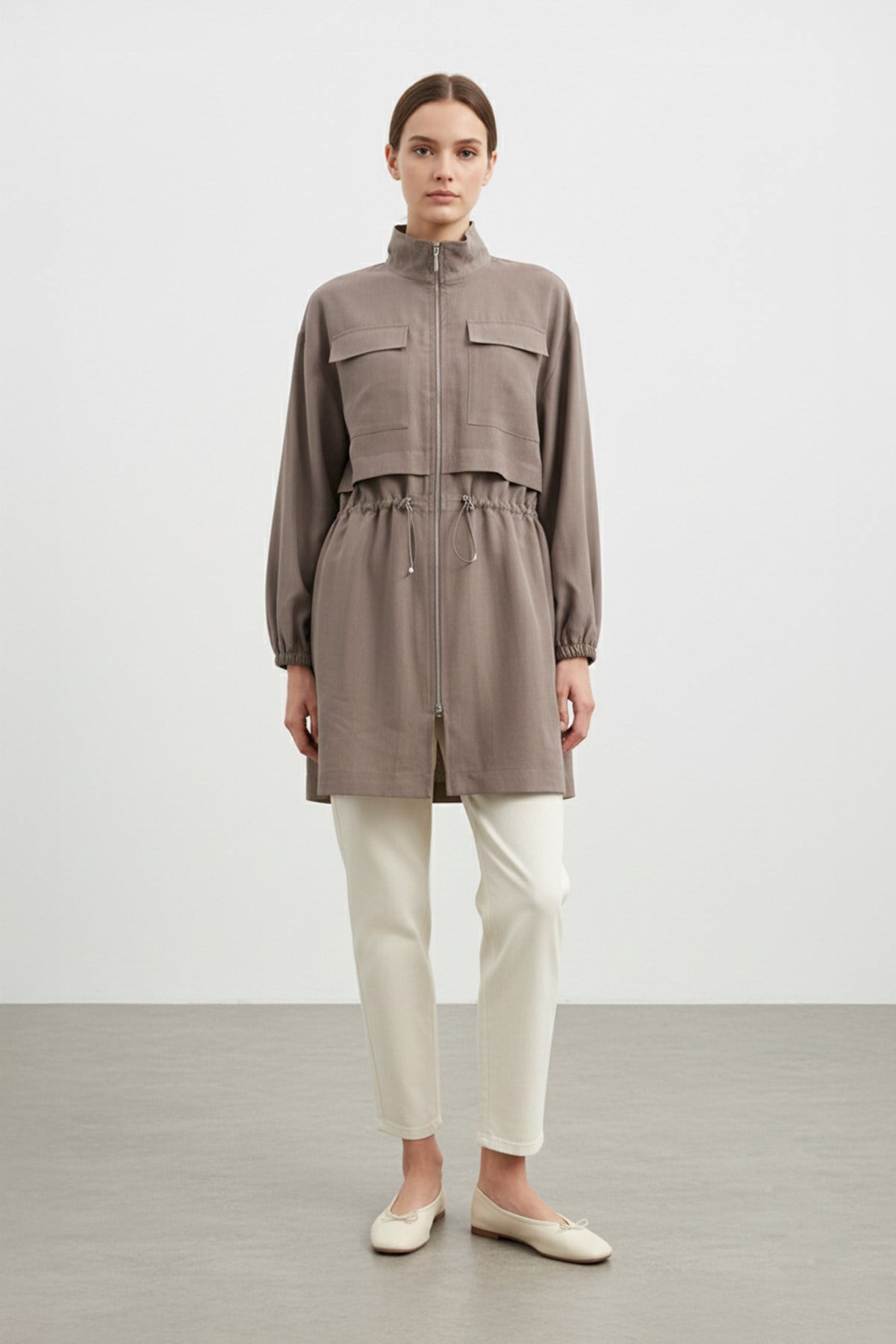 Fermuarlı Dik Yaka Beli Büzgülü Kadın Ceket-15260 - MINK