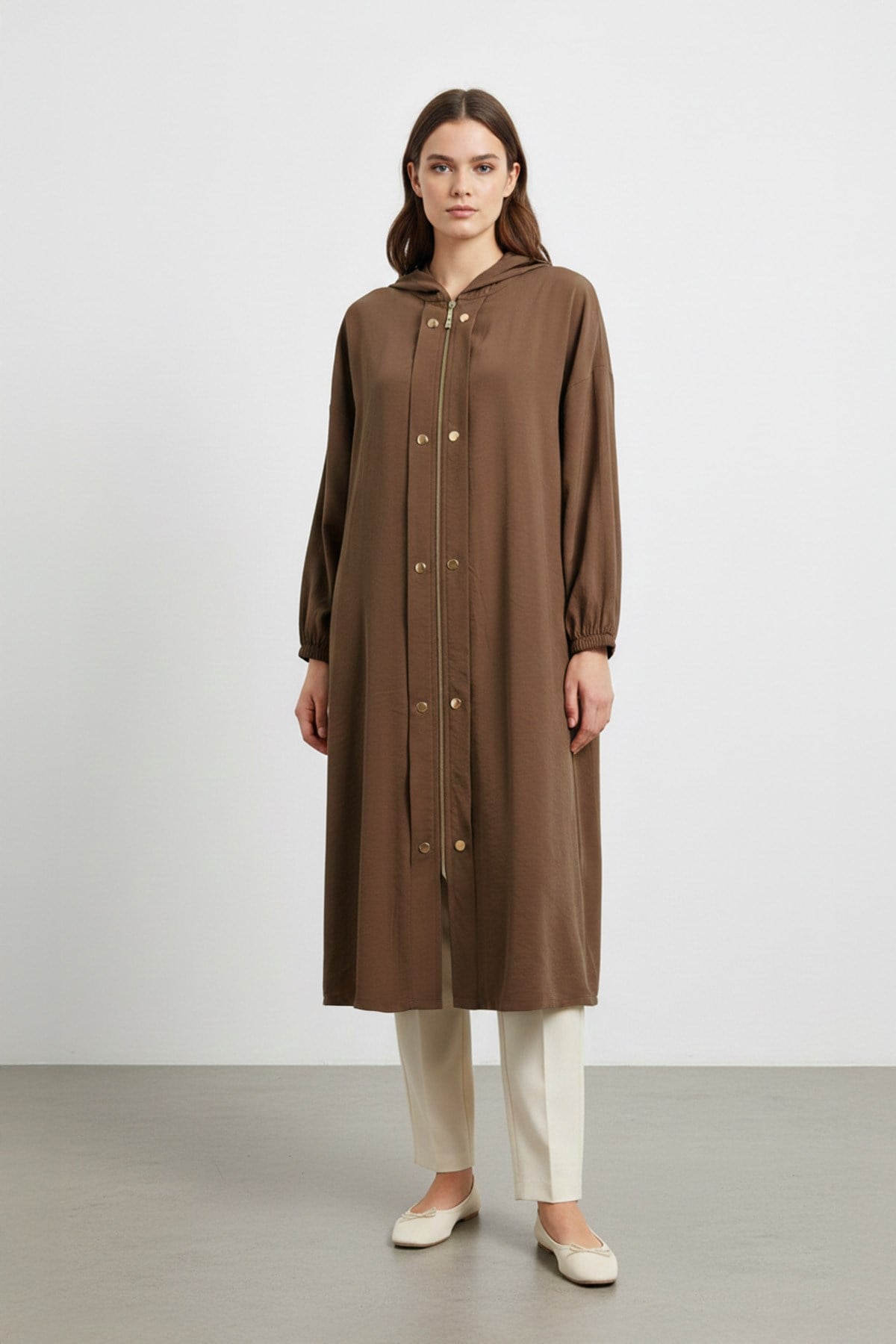 Kapüşonlu Fermuarlı uzun Kadın Kap-15251 - BROWN