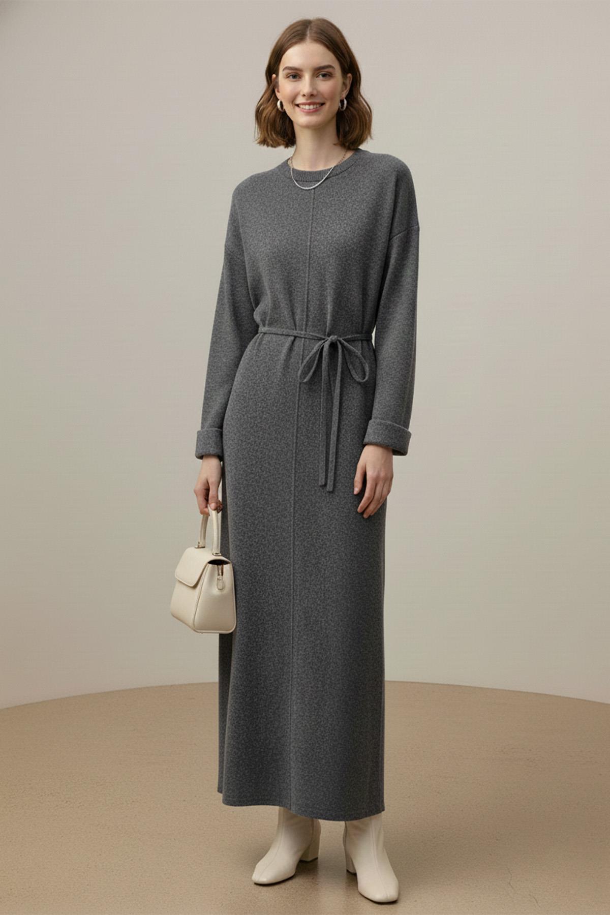 Kadın Kuşaklı Rahat Kesim Uzun Triko Elbise – 12664ELB - ANTRACITE