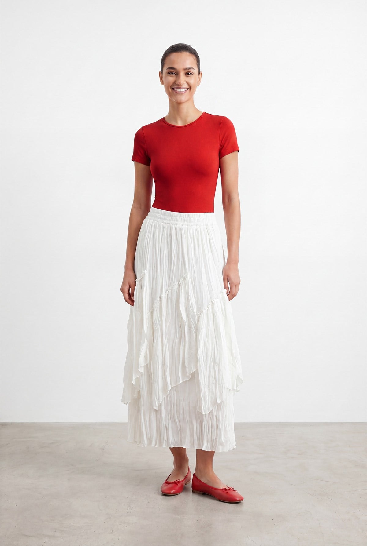 Kadın Kat Kat Volanlı Uzun Etek – 26S-18299ETK - ECRU