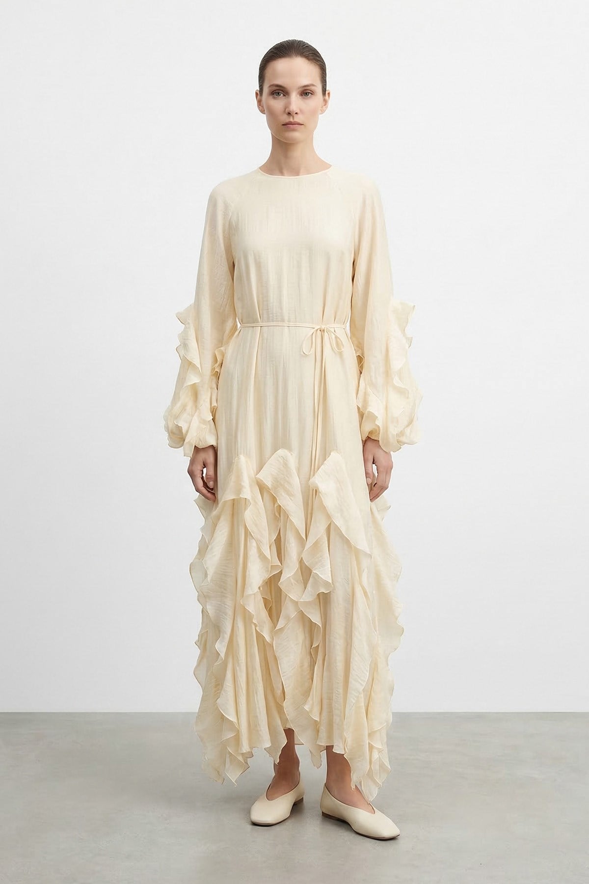 Kadın Volan Detaylı Kuşaklı Uzun Elbise-12693Elb - STONE