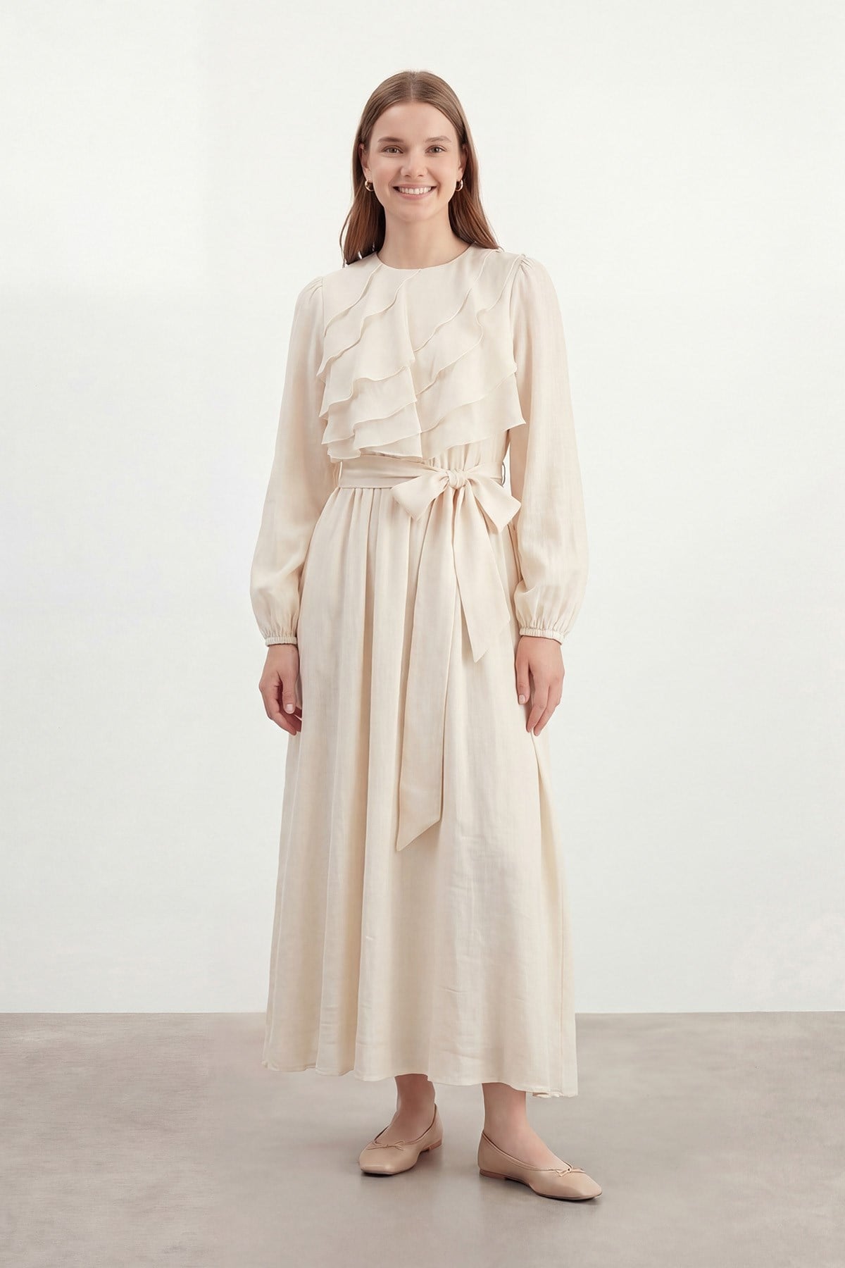 Kadın Fırfır Detaylı Kemerli Dokuma Elbise – 32485ELB - STONE