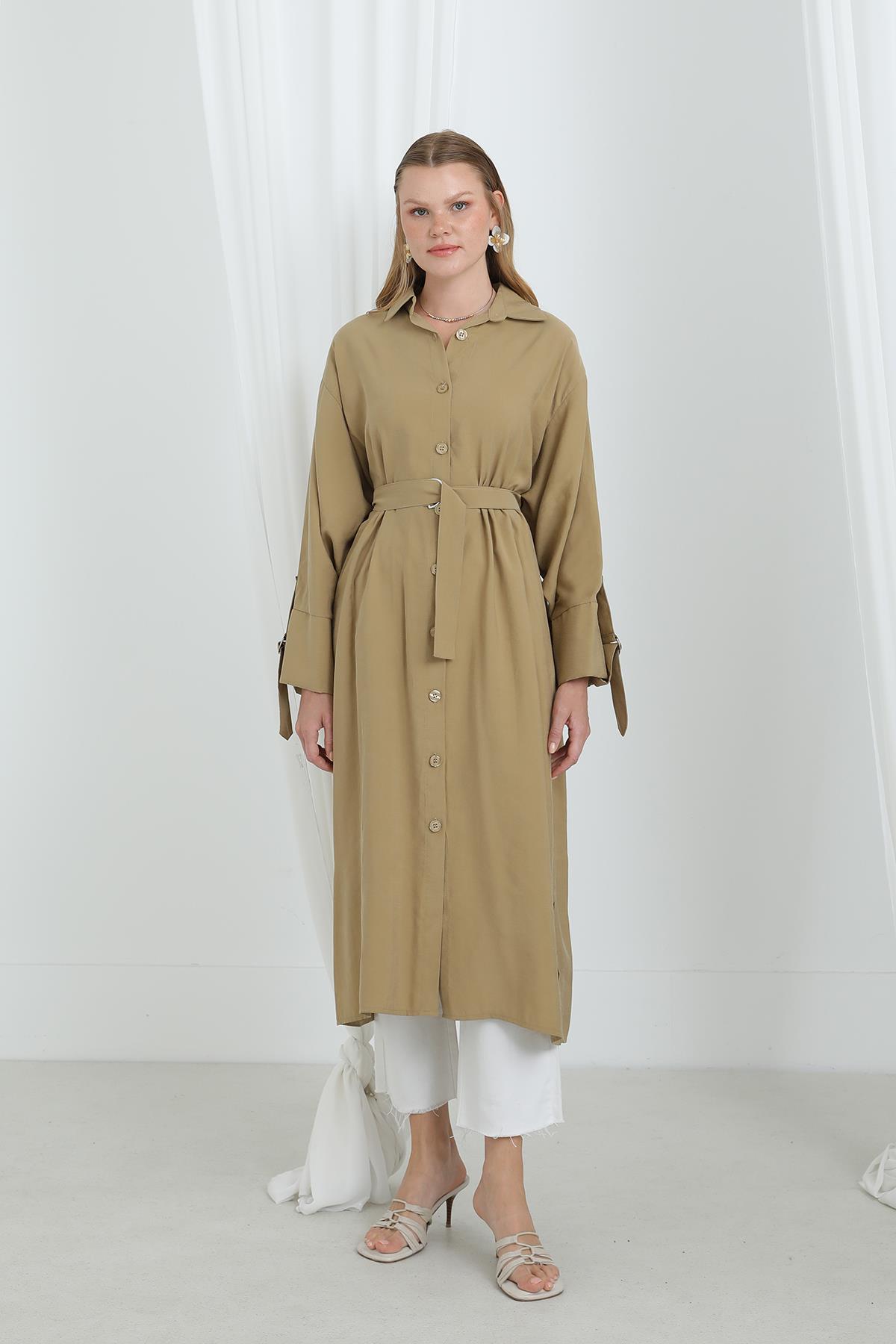 Kadın Kuşaklı Düğmeli Oversize Tunik -10700TUN - OLIVE