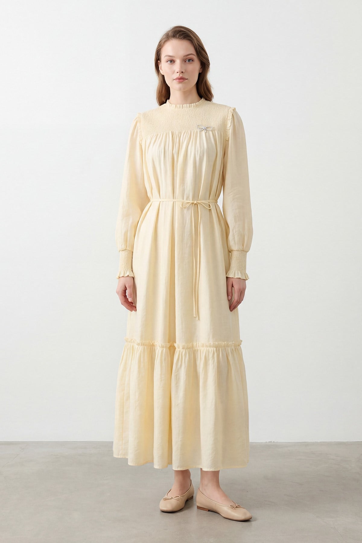 Kadın Gipeli Yaka  Kuşaklı Uzun Elbise -12691ELB - YELLOW