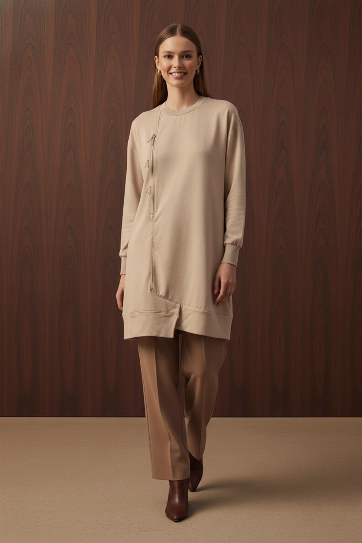 Kadın İşlemeli ve Fermuarlı Tunik - 10735TUN - DARK BEIGE