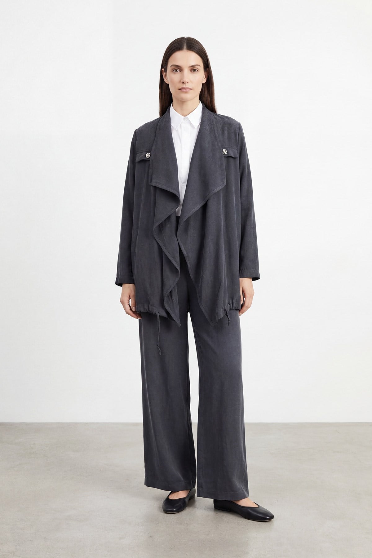 Kadın Şal Yaka Dökümlü  Büyük Beden Takım – 19267TKS - ANTRACITE